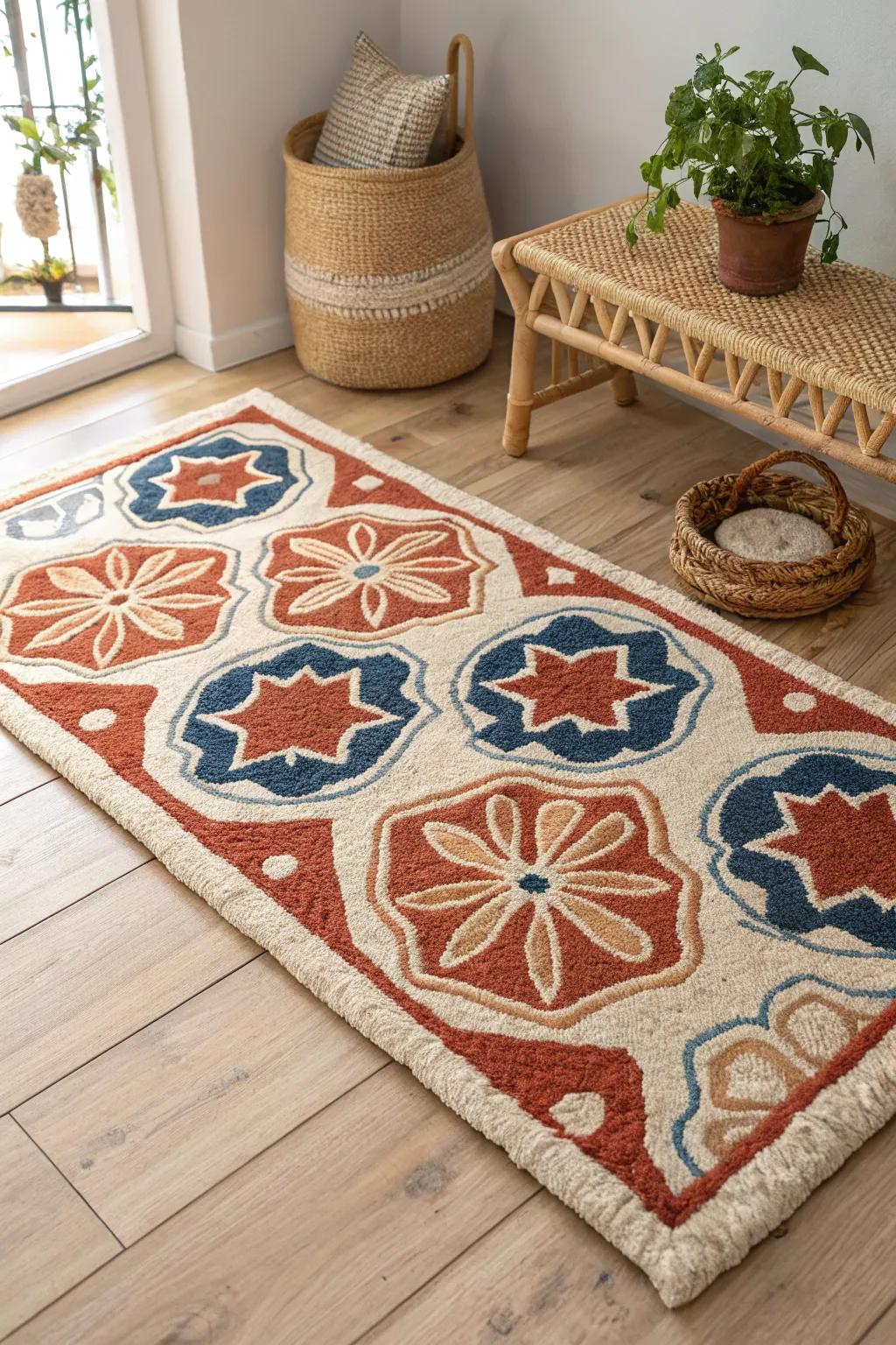Elegant punch needle rug featuring traditional Moroccan tile patterns, adding cultural richness to your decor.