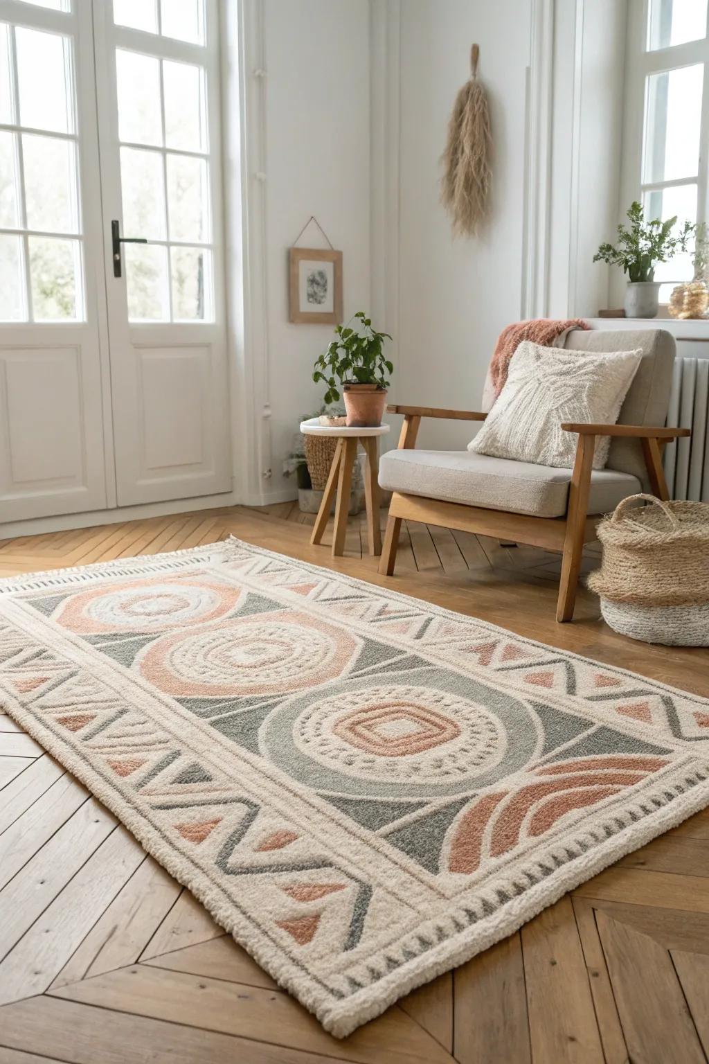 Punch needle rug featuring captivating optical illusions, blending Nordic minimalism with bohemian charm.