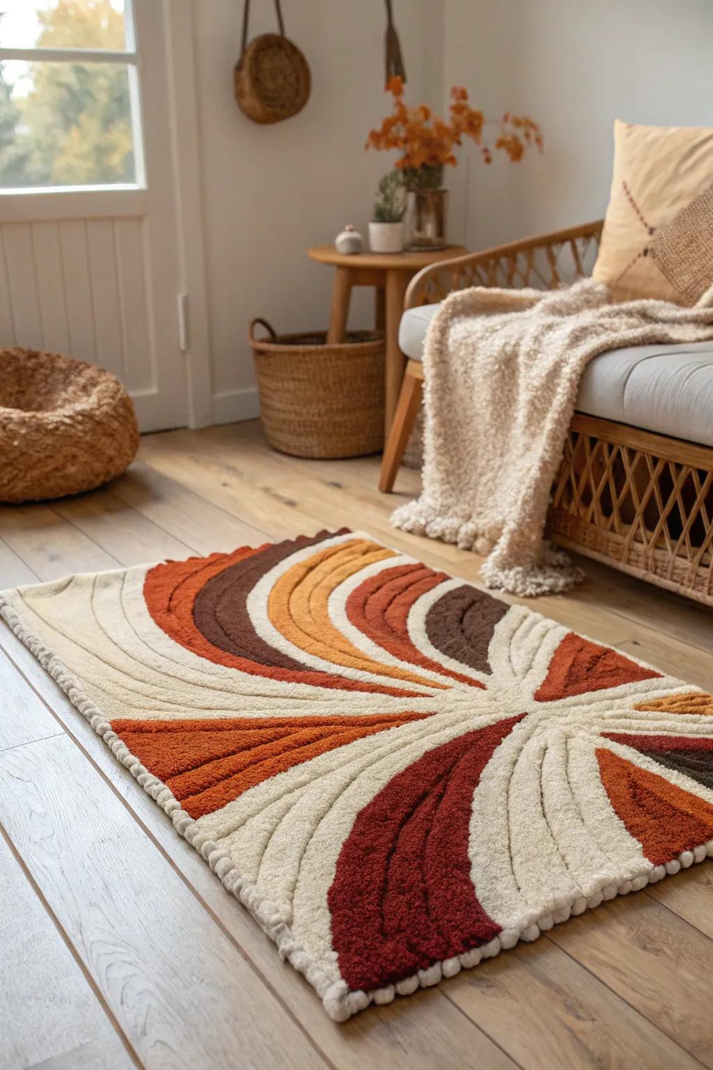 Cozy autumn-inspired punch needle rug featuring warm hues, perfect for seasonal home updates.