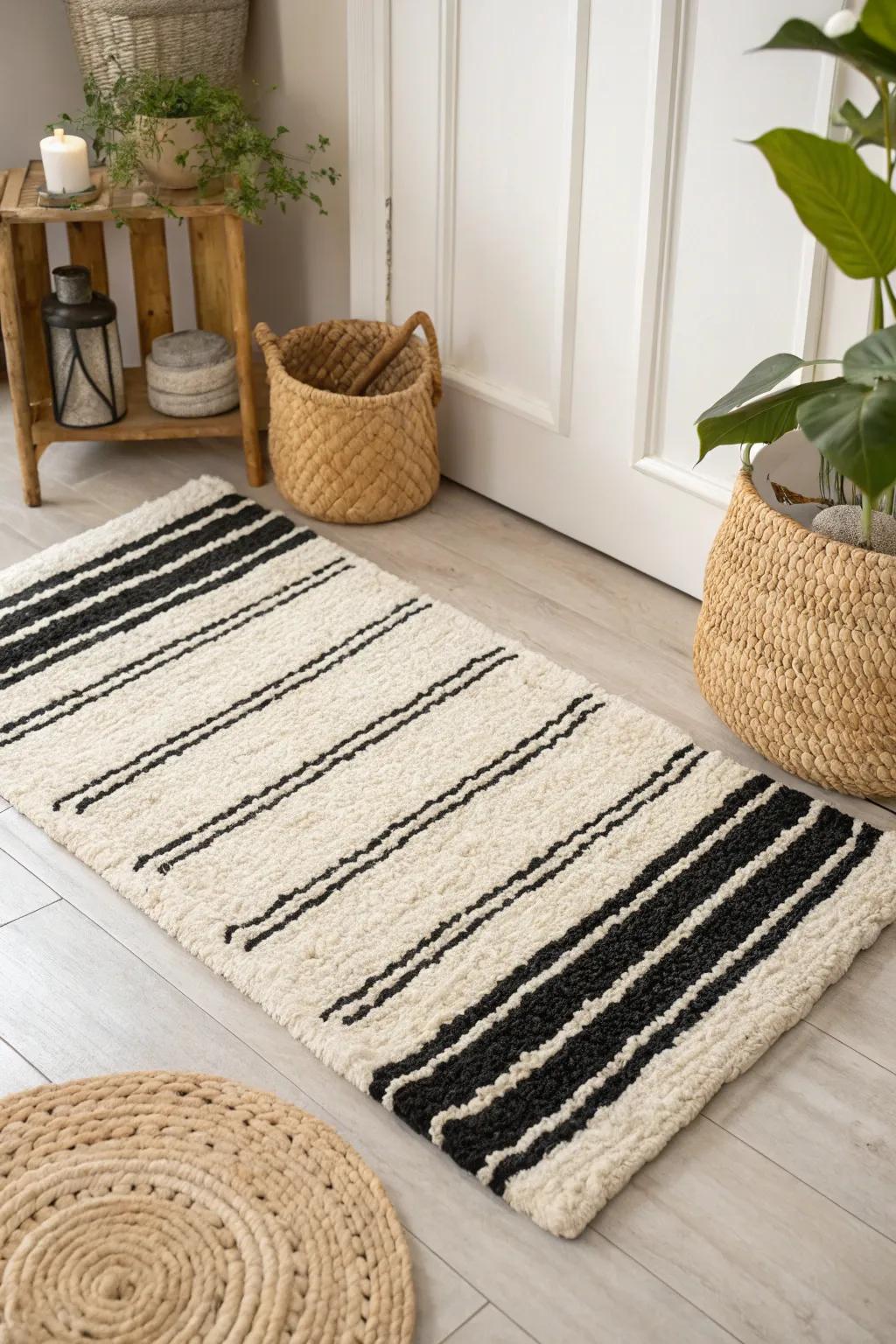 Minimalist punch needle rug featuring clean black and white stripes, perfect for modern interiors.
