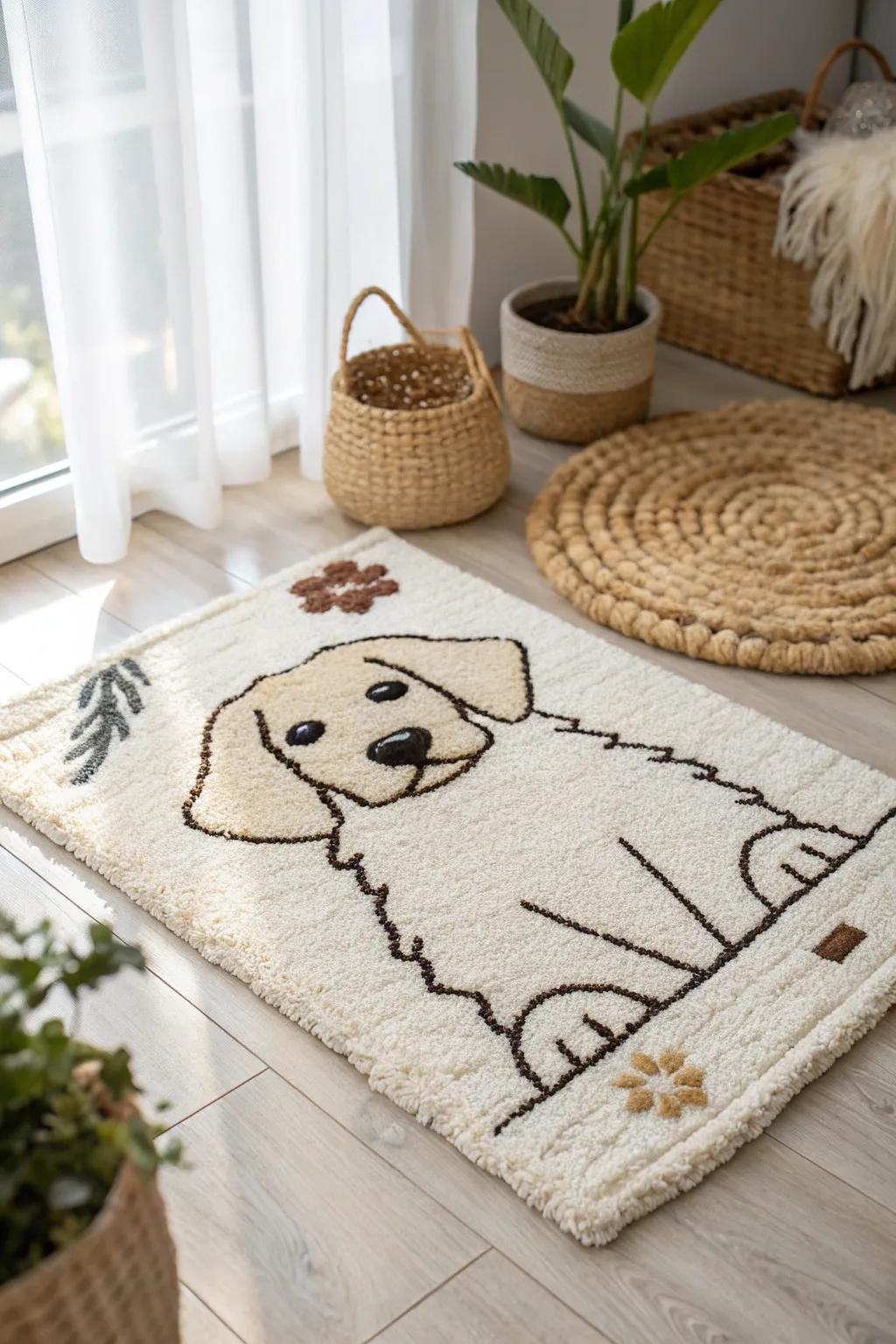 Personalized punch needle rug featuring a custom portrait, adding warmth and character to your home.