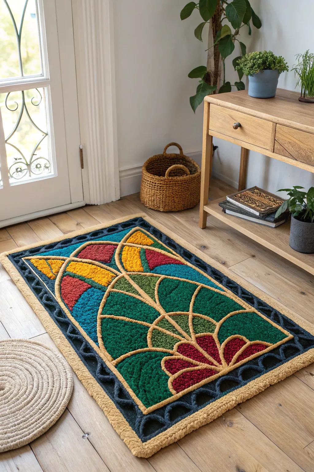 Elegant punch needle rug inspired by stained glass art, featuring bold color sections and outlines.