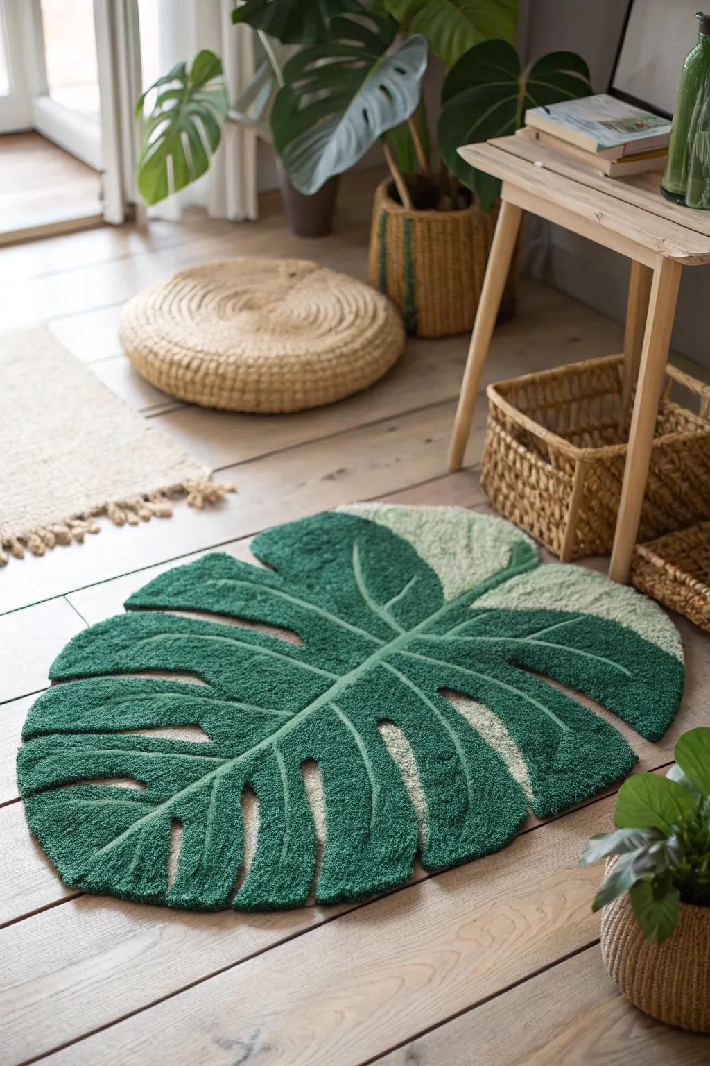 Lush monstera leaf punch needle rug bringing natural elegance and freshness to your space.