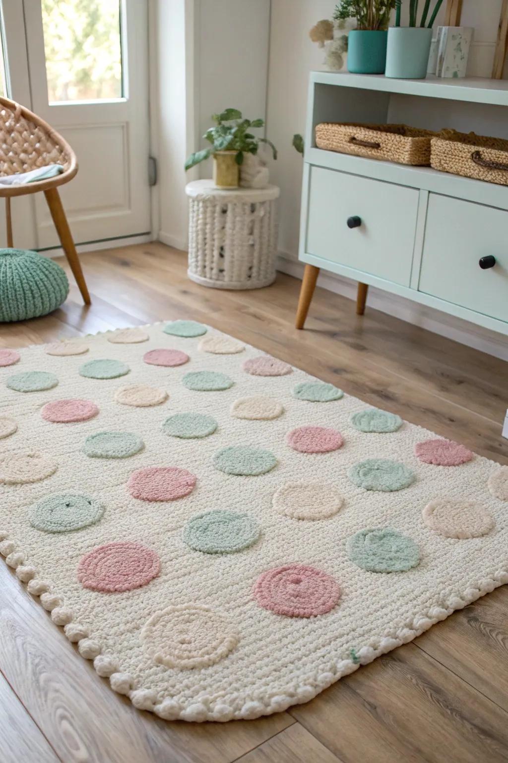 Playful polka dot punch needle rug adding a lively and fun atmosphere to any room.