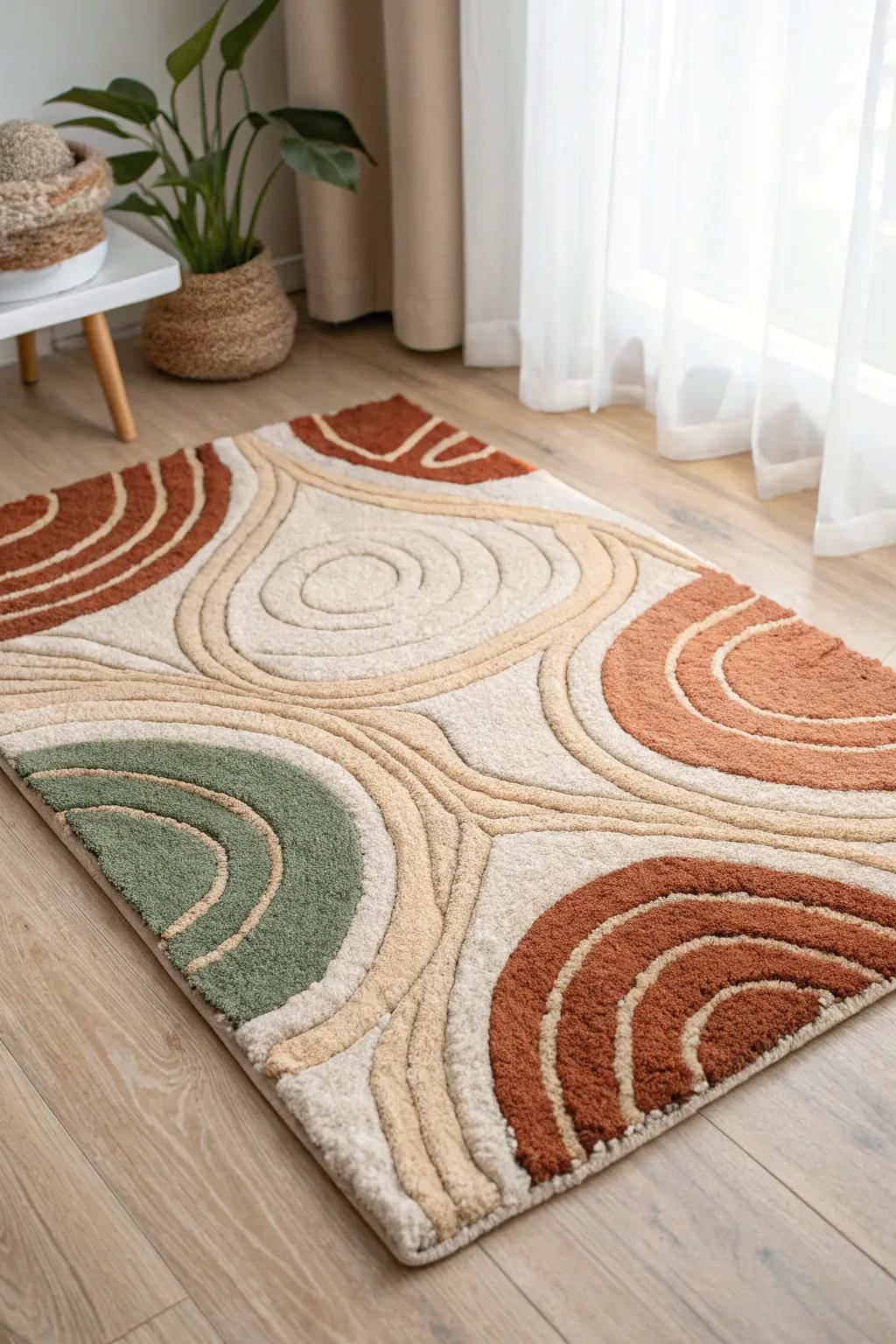 Abstract punch needle rug featuring dynamic shapes and textures, perfect for modern artistic spaces.