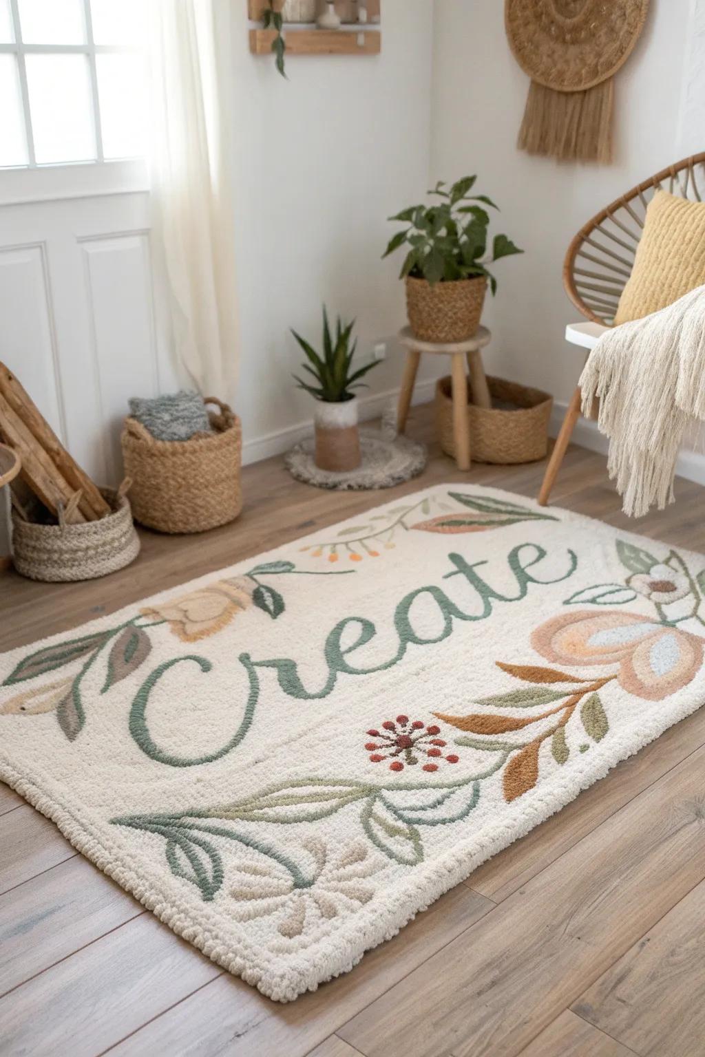 Motivational punch needle rug featuring the word'Create', inspiring creativity in any space.