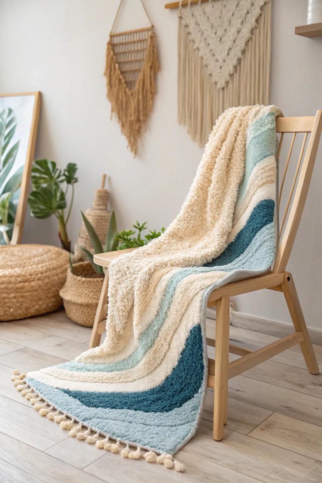 Ocean-inspired punch needle rug with rich textures, evoking serene natural landscapes.
