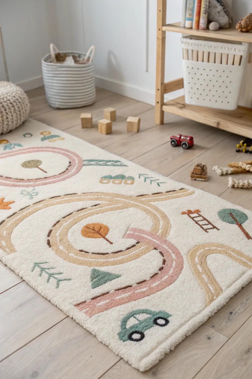 Fun and interactive punch needle path rug designed for children's playrooms.