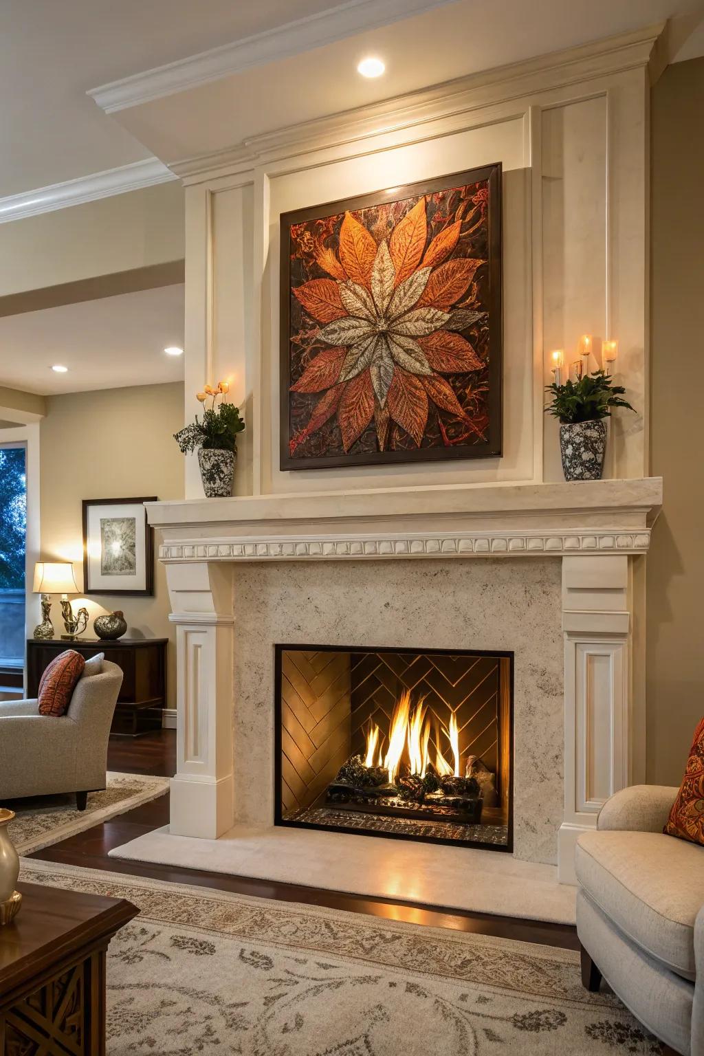 Striking artwork above the fireplace creates a captivating focal point.