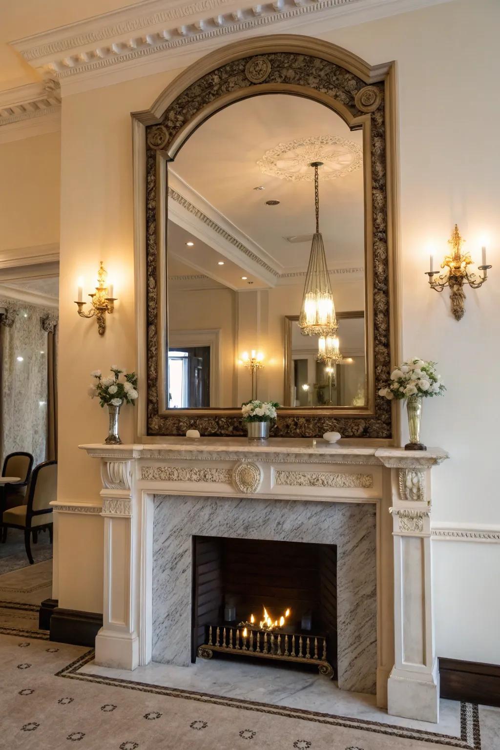 A stylish mirror above the fireplace brightens and enlarges the room.