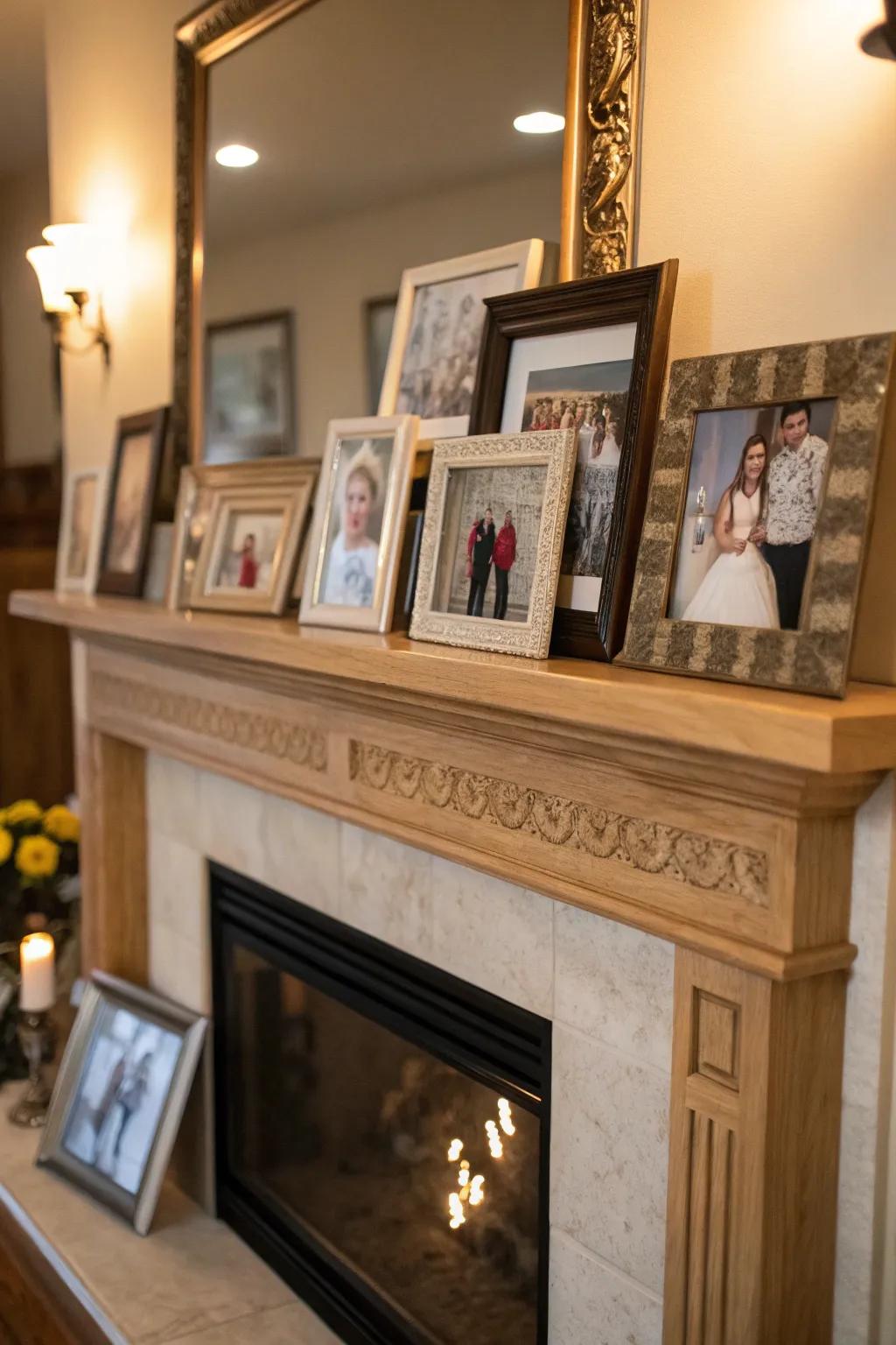 Family photos displayed on the mantel create a warm, personal touch.