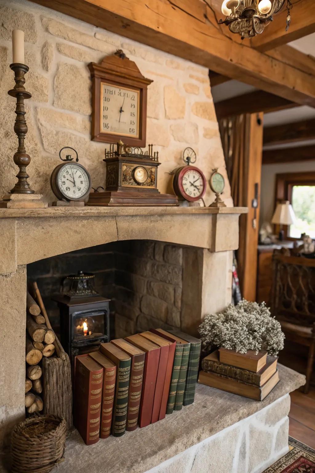 Vintage decor pieces bring nostalgic charm to the fireplace.