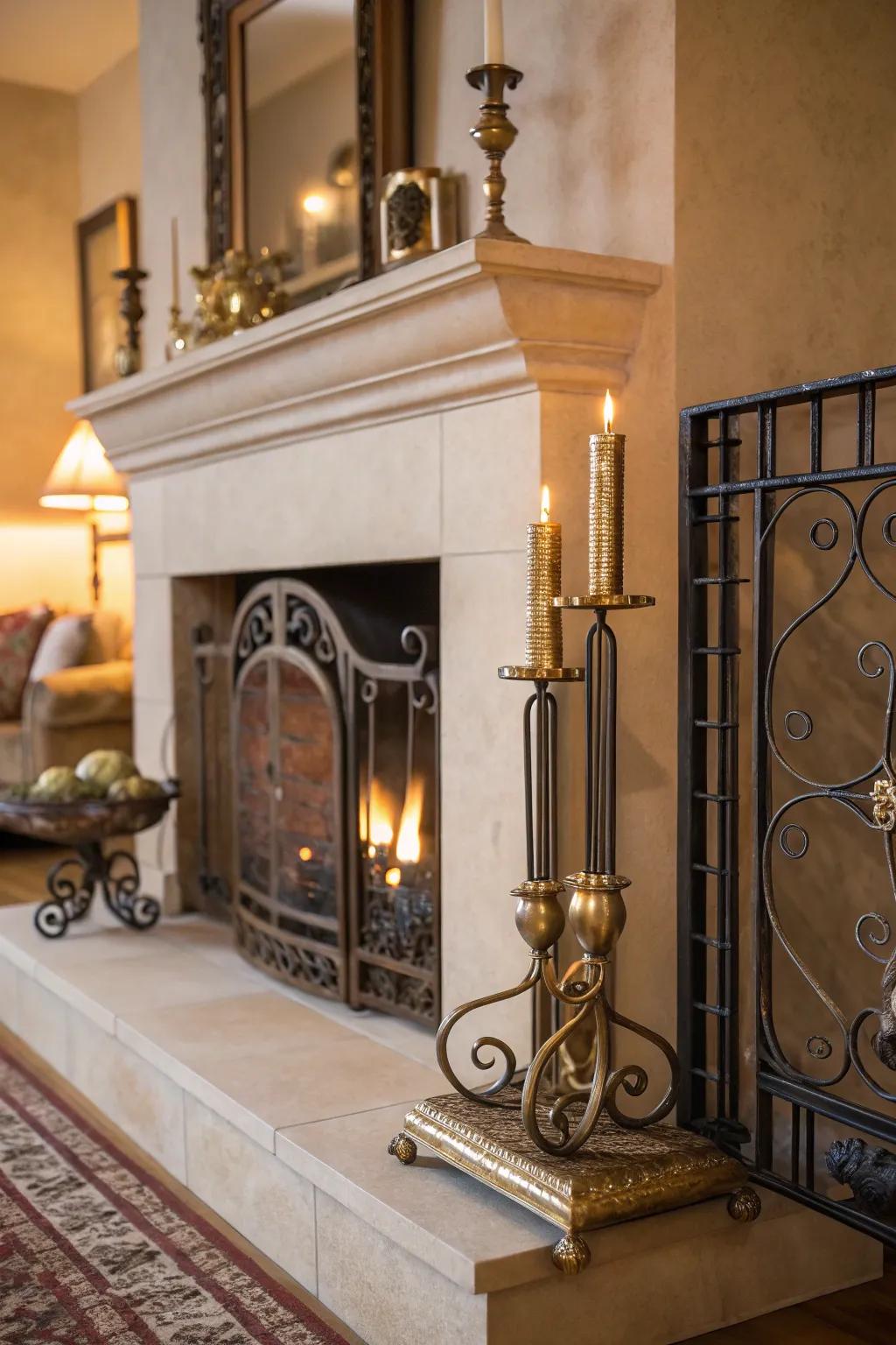 Metal accents introduce a sleek, modern vibe to the fireplace.