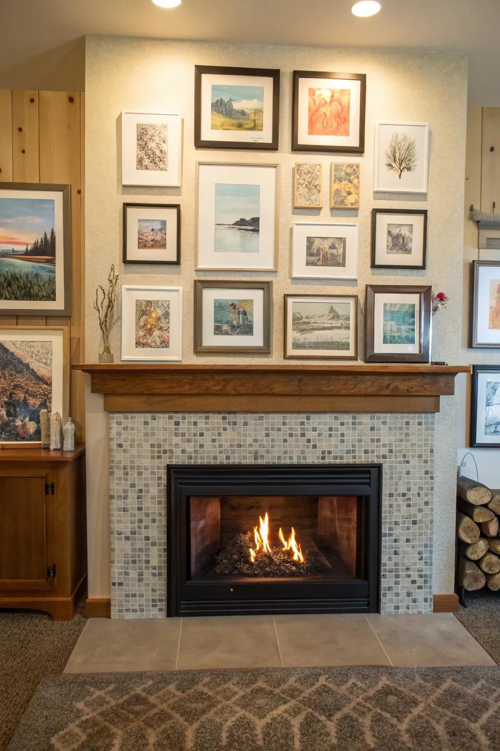 A curated gallery wall adds personality and artistic flair above the fireplace.