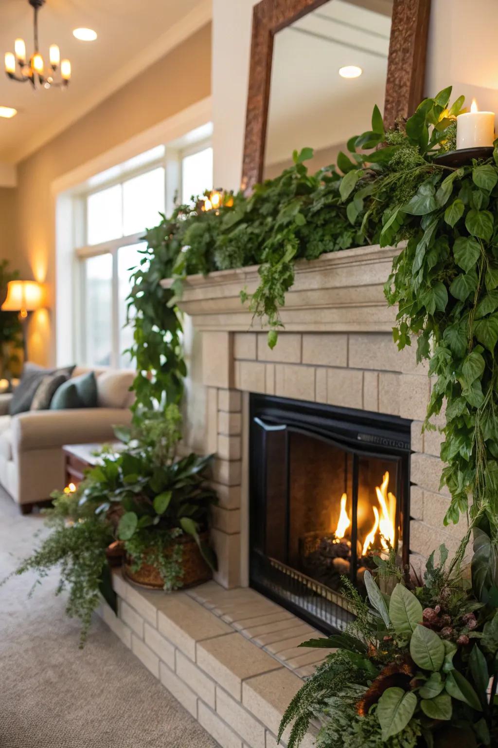 Green plants add a lively and refreshing element to fireplace decor.