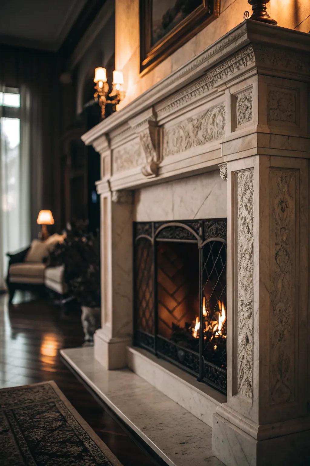 Monochrome color scheme creates a sophisticated fireplace look.
