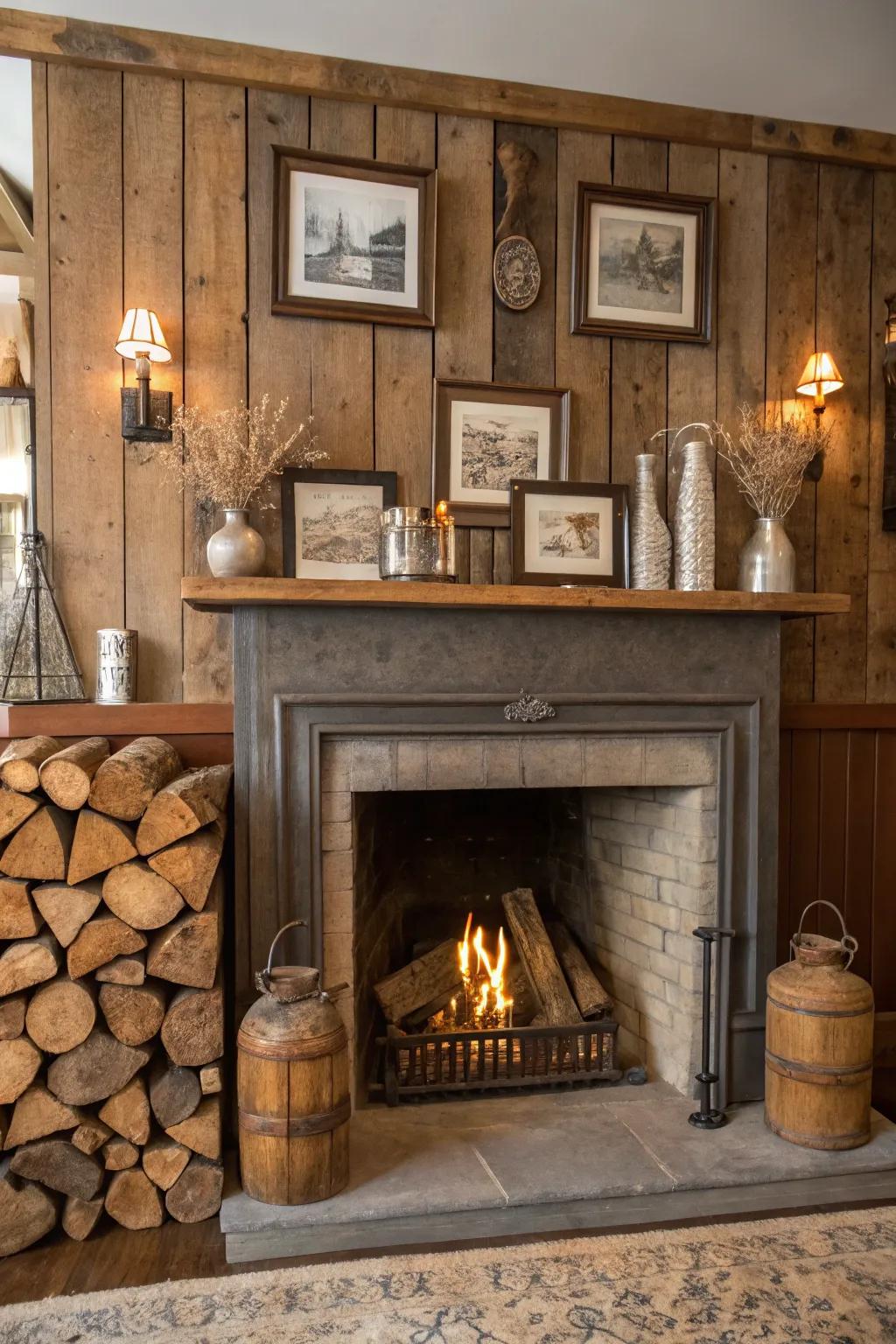 Rustic decor elements add cozy warmth to the fireplace area.