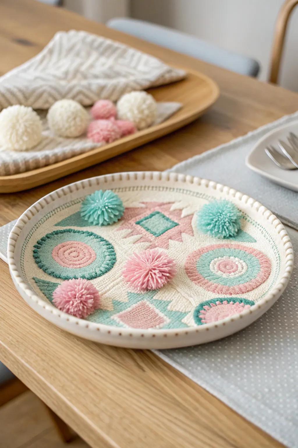 Create a lively pom-pom painted plate, a fun and colorful Mother's Day craft.