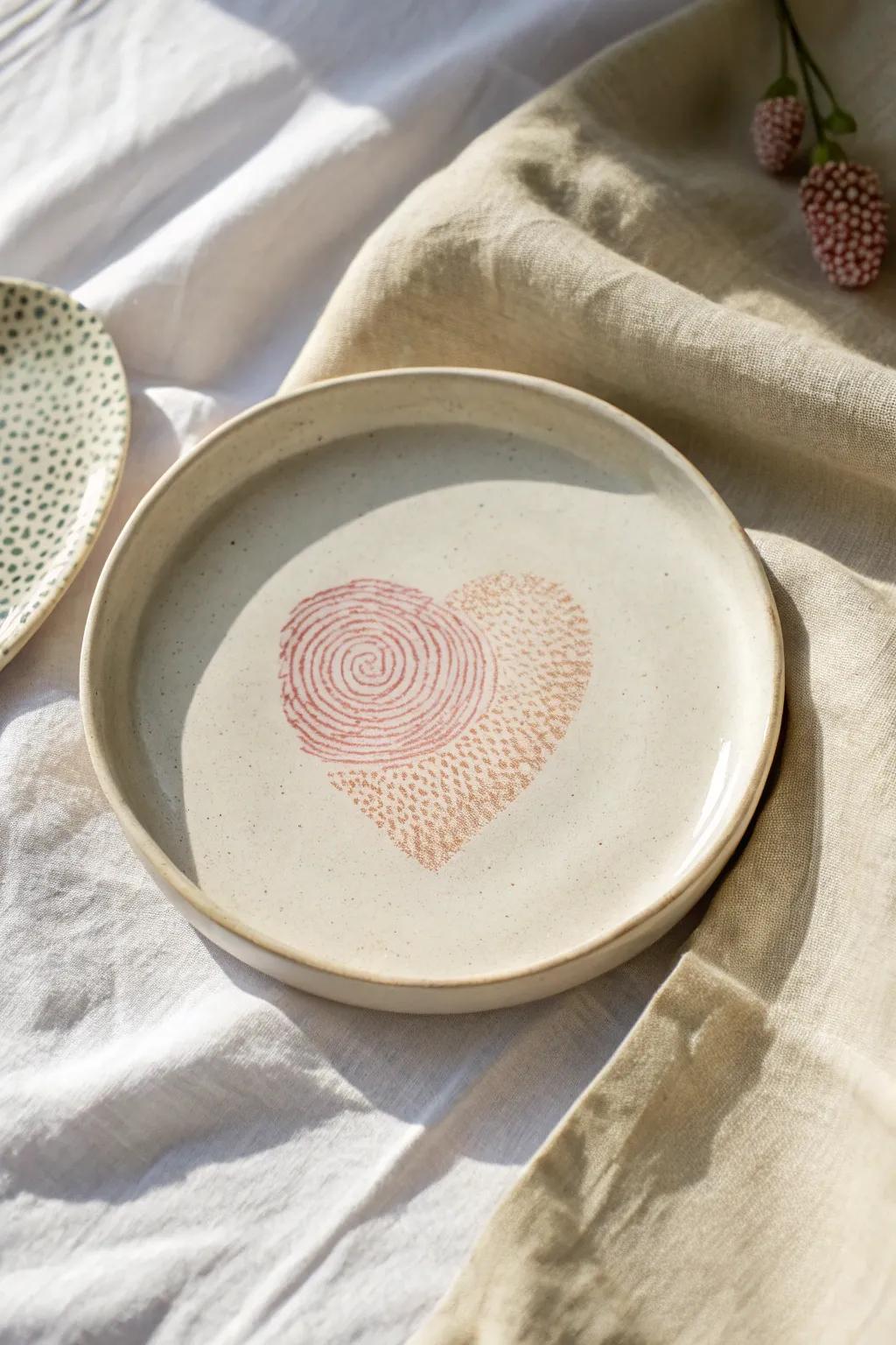 Create a sentimental fingerprint heart plate, blending simplicity with heartfelt meaning.