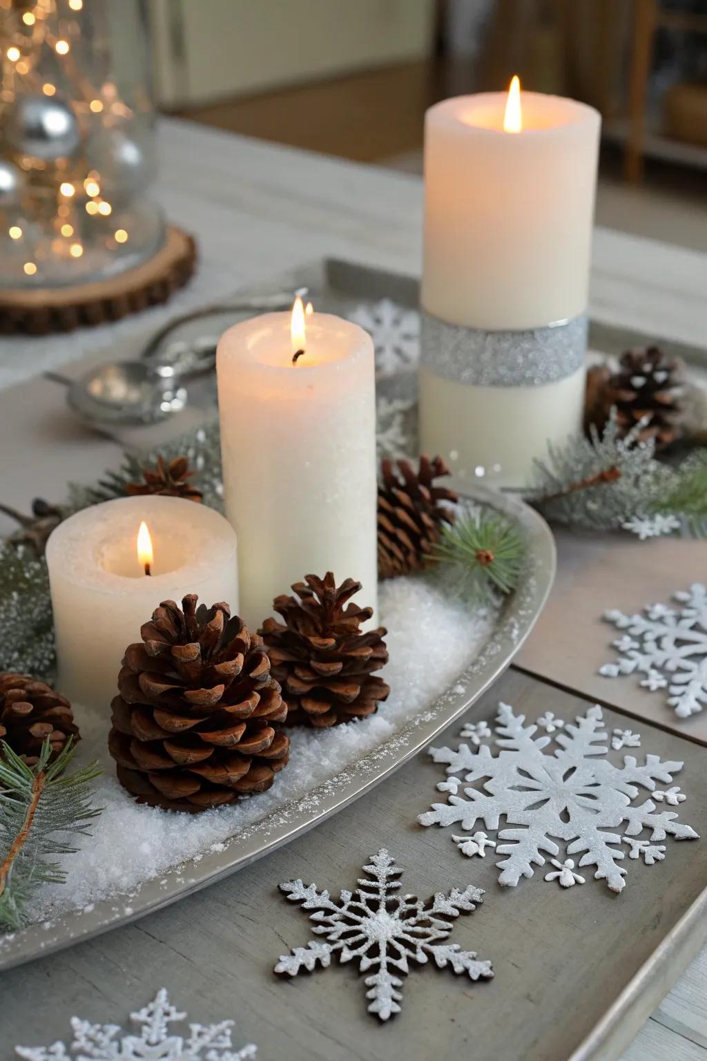 Capture winter's enchantment with white and silver candle decor.