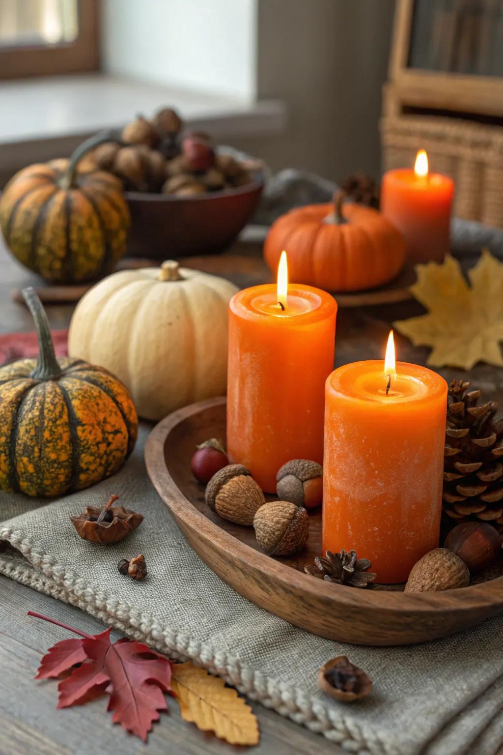 Celebrate fall with orange candles and rustic accents.