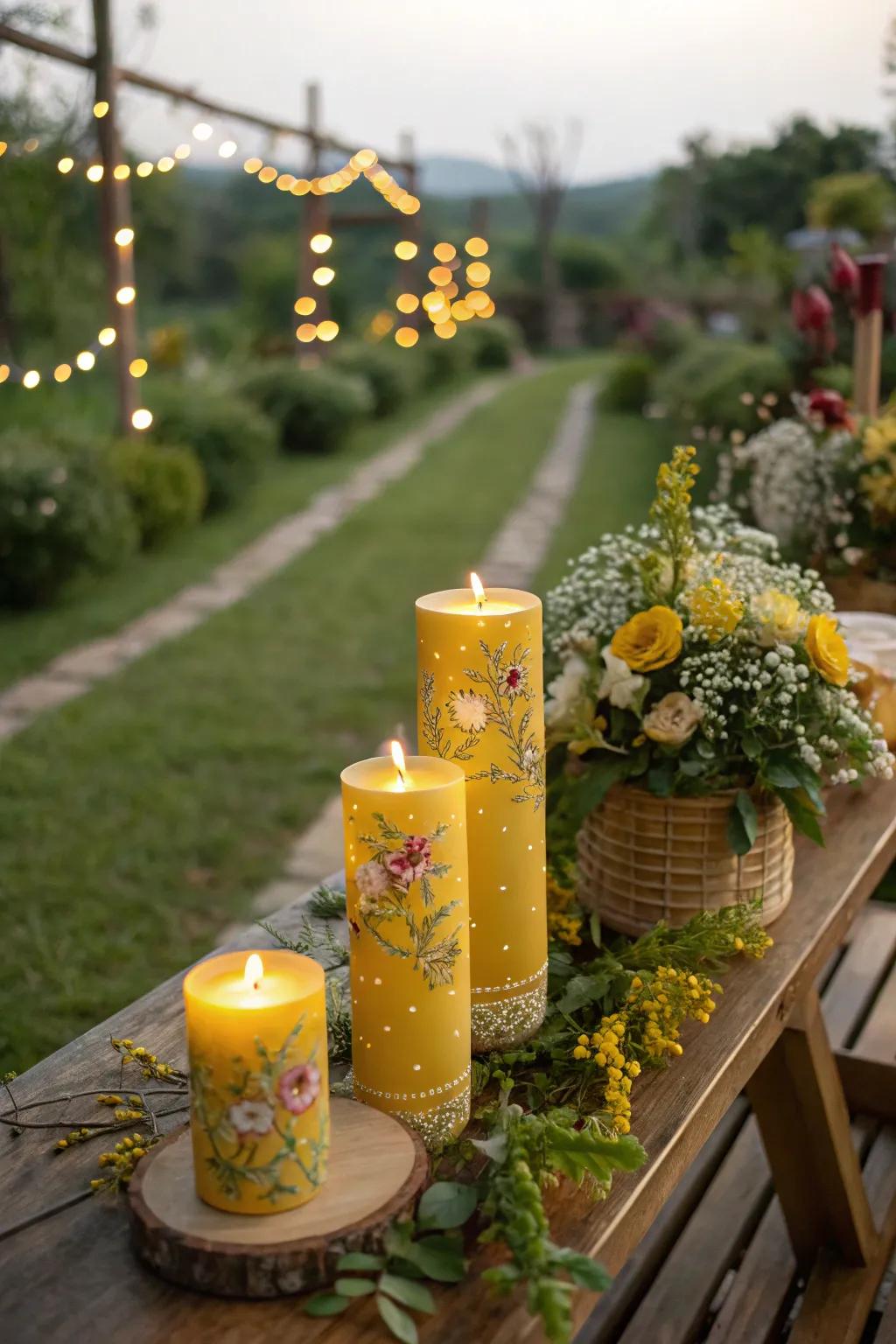Create a magical garden party with floral candles and fairy lights.