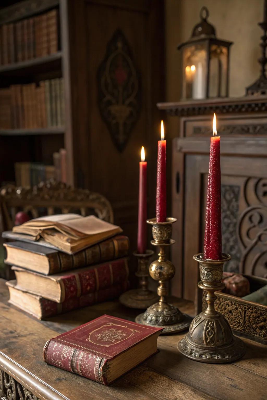 Add vintage glamour with deep red candles and antique accents.