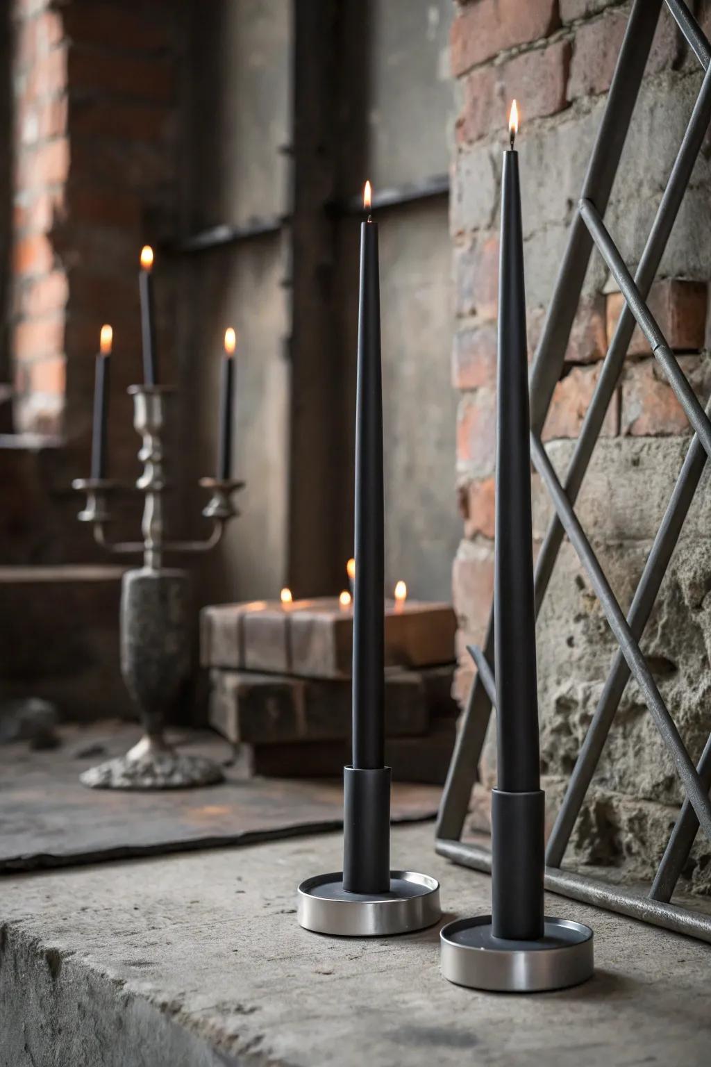 Add an industrial flair with black candles and metal accents.