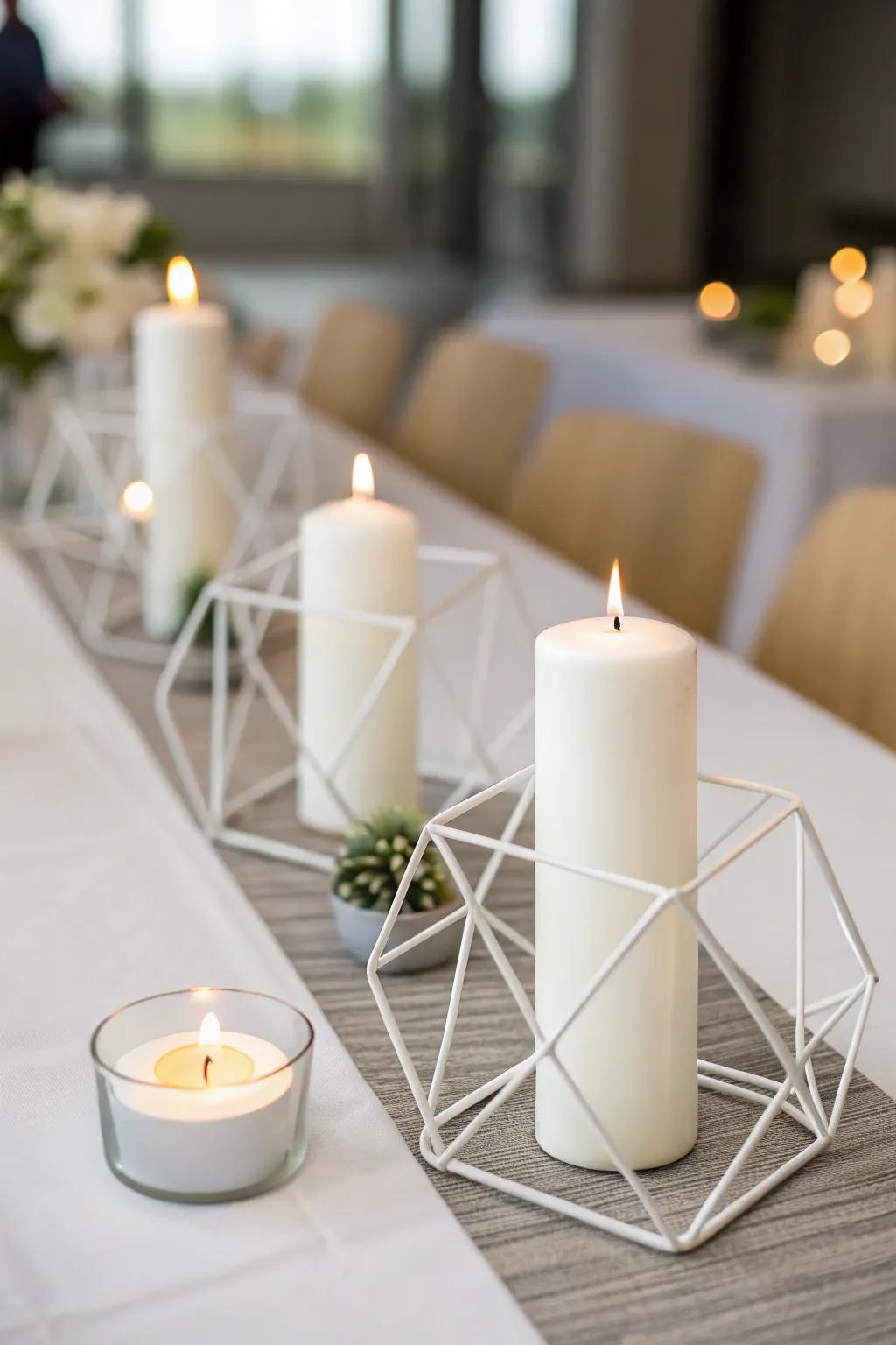 Achieve minimalist elegance with white candles and geometric holders.