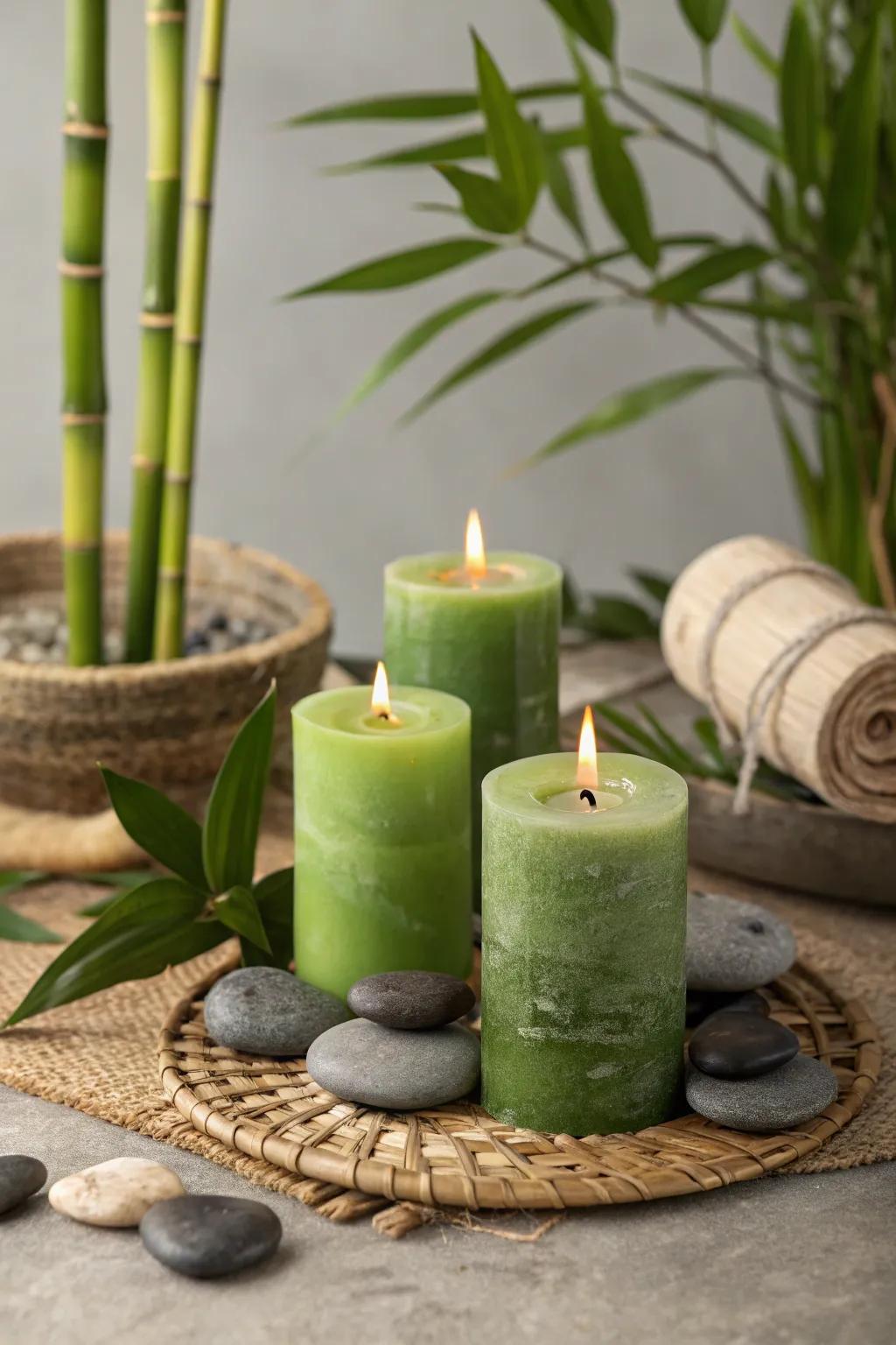 Create a peaceful zen space with green candles and bamboo accents.