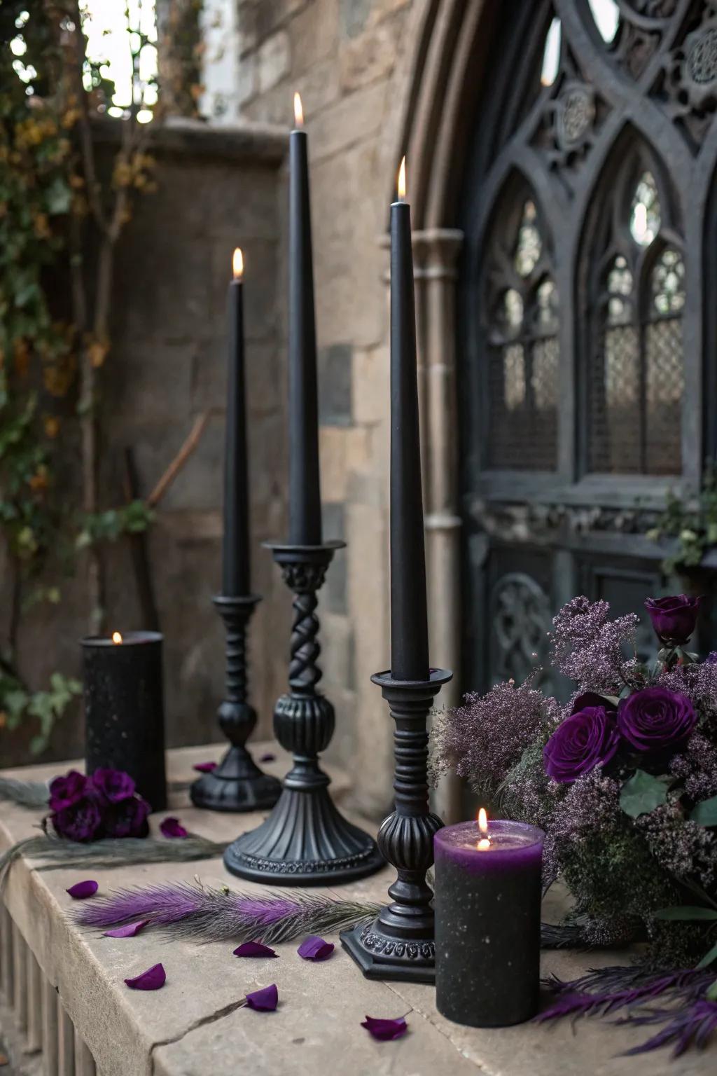 Embrace gothic allure with black and purple candles.