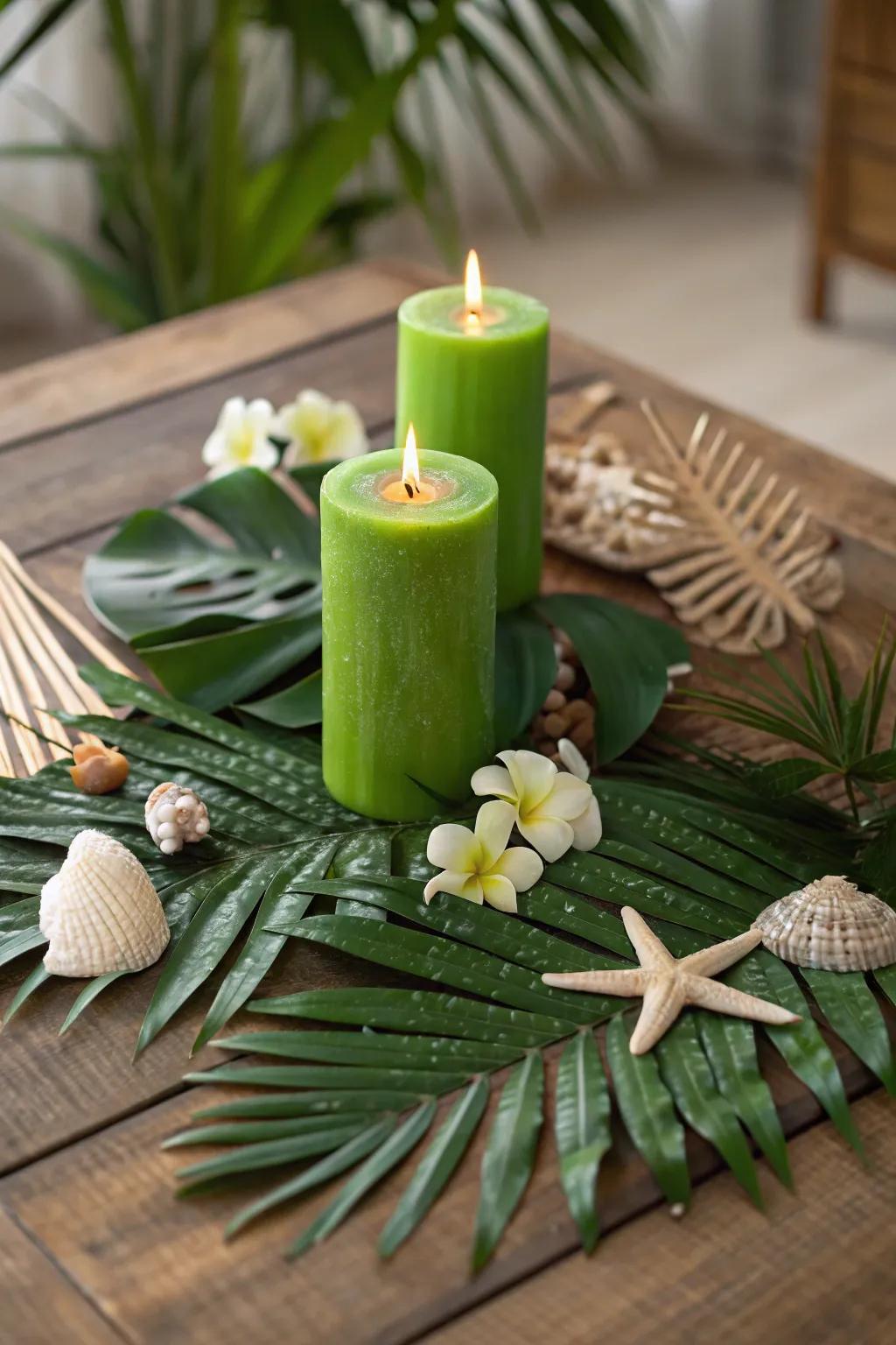Bring tropical vibrancy indoors with green candles and palm leaves.