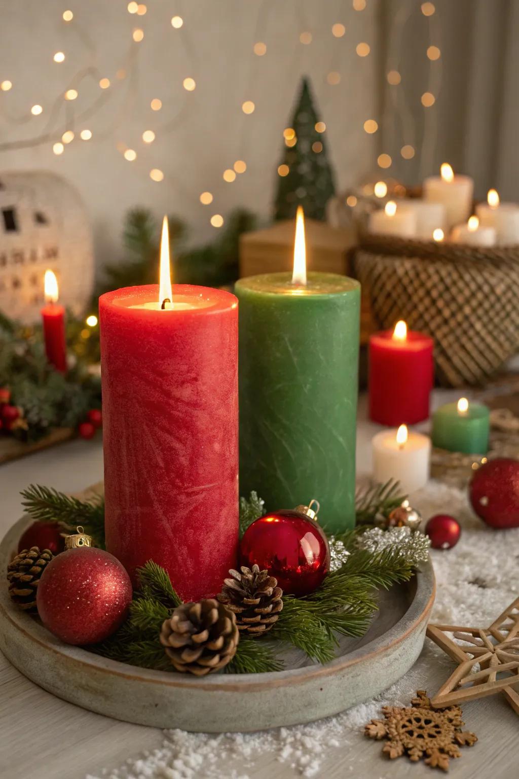 Celebrate the holidays with red and green candles and festive decor.