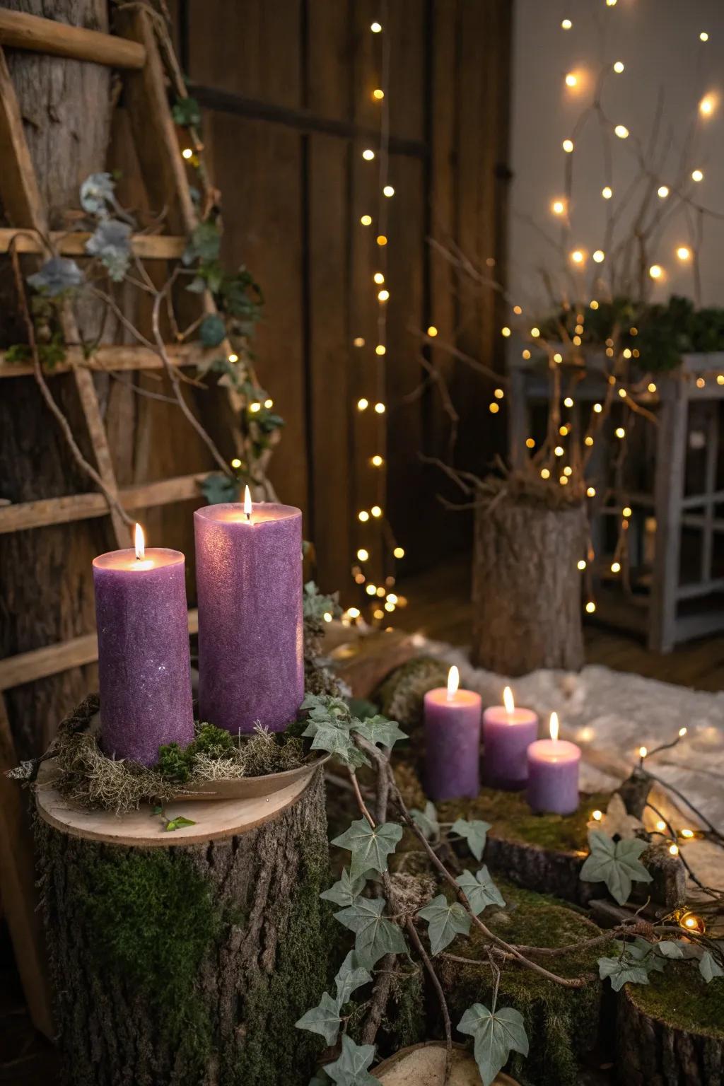 Create a magical fairytale atmosphere with purple candles and woodland decor.