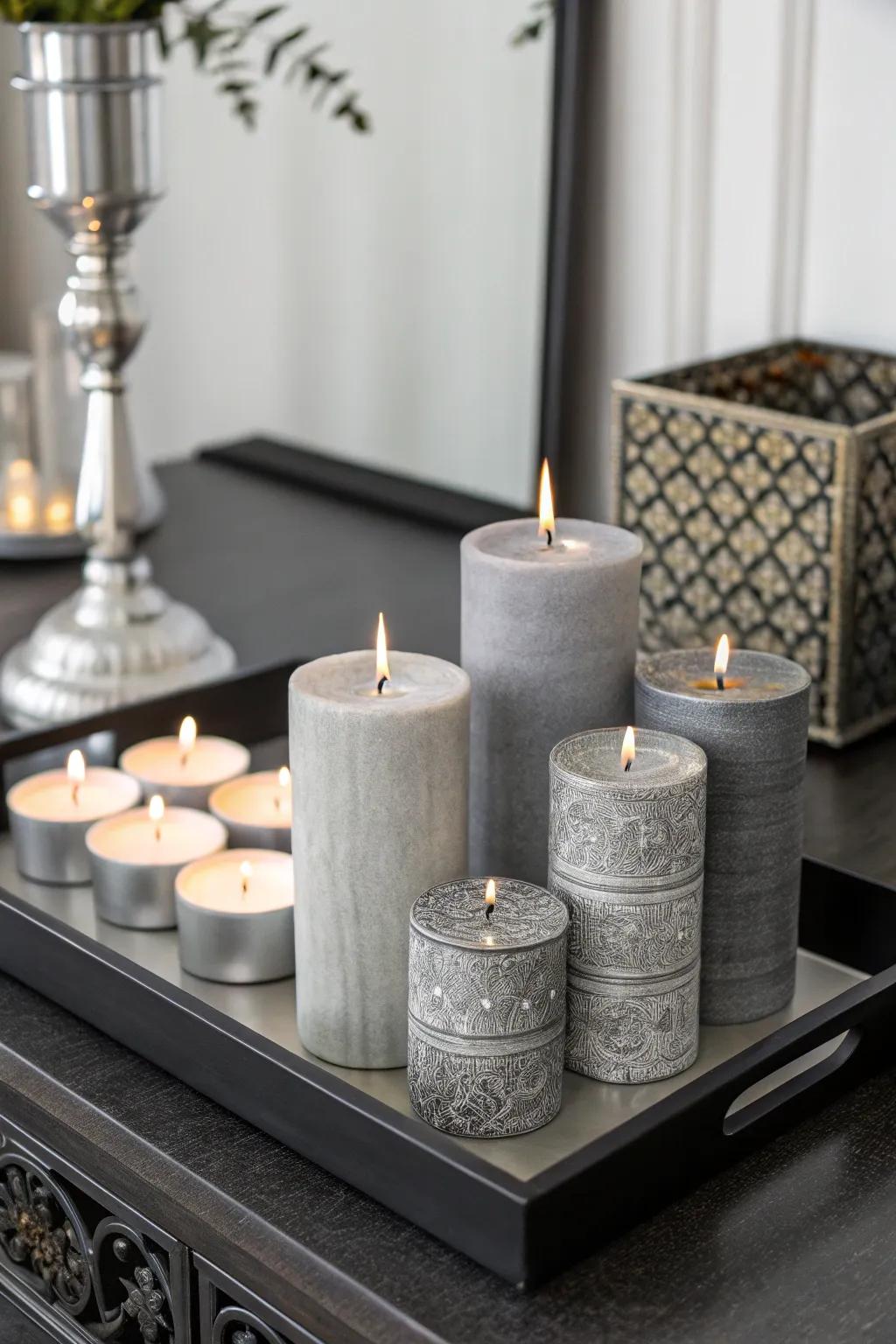 Create a modern monochrome look with gray and silver candles.