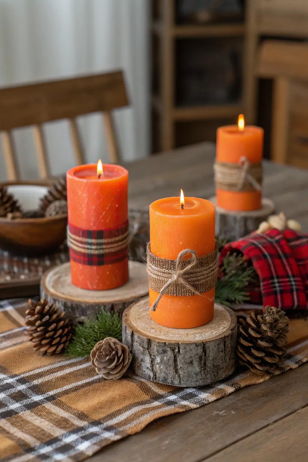 Add rustic charm with orange candles and wooden accents.