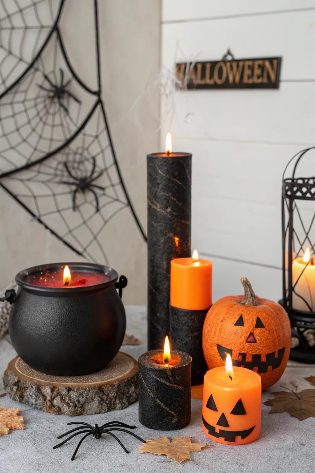 Celebrate Halloween with black and orange candles and spooky decor.