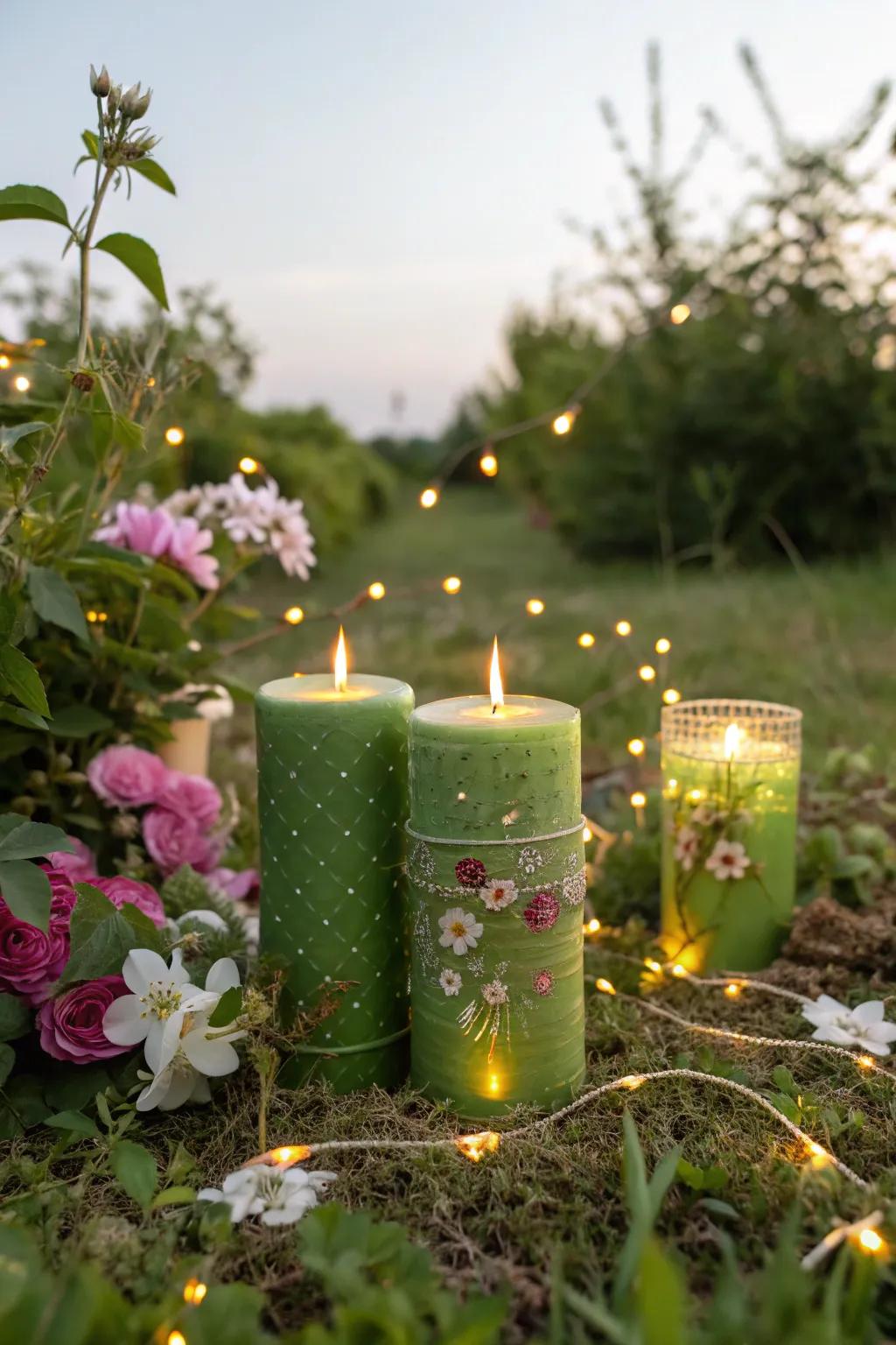 Bring fairy garden magic indoors with green candles and floral accents.