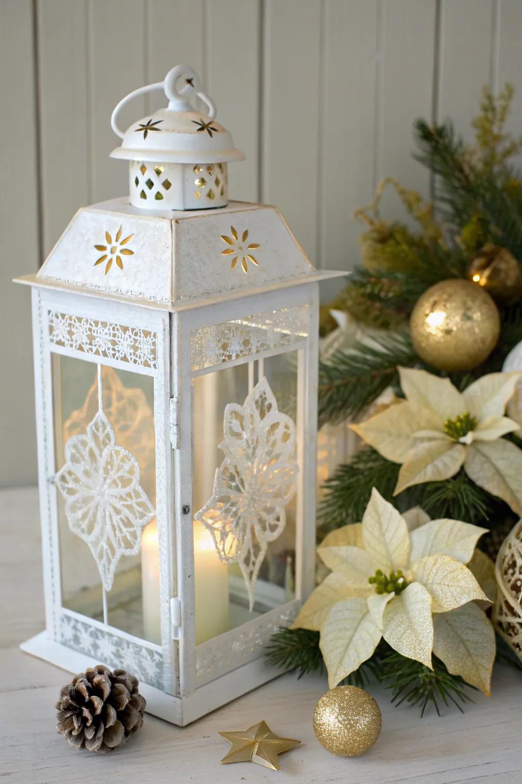 Add a minimalist boho touch with white and gold Christmas lanterns.