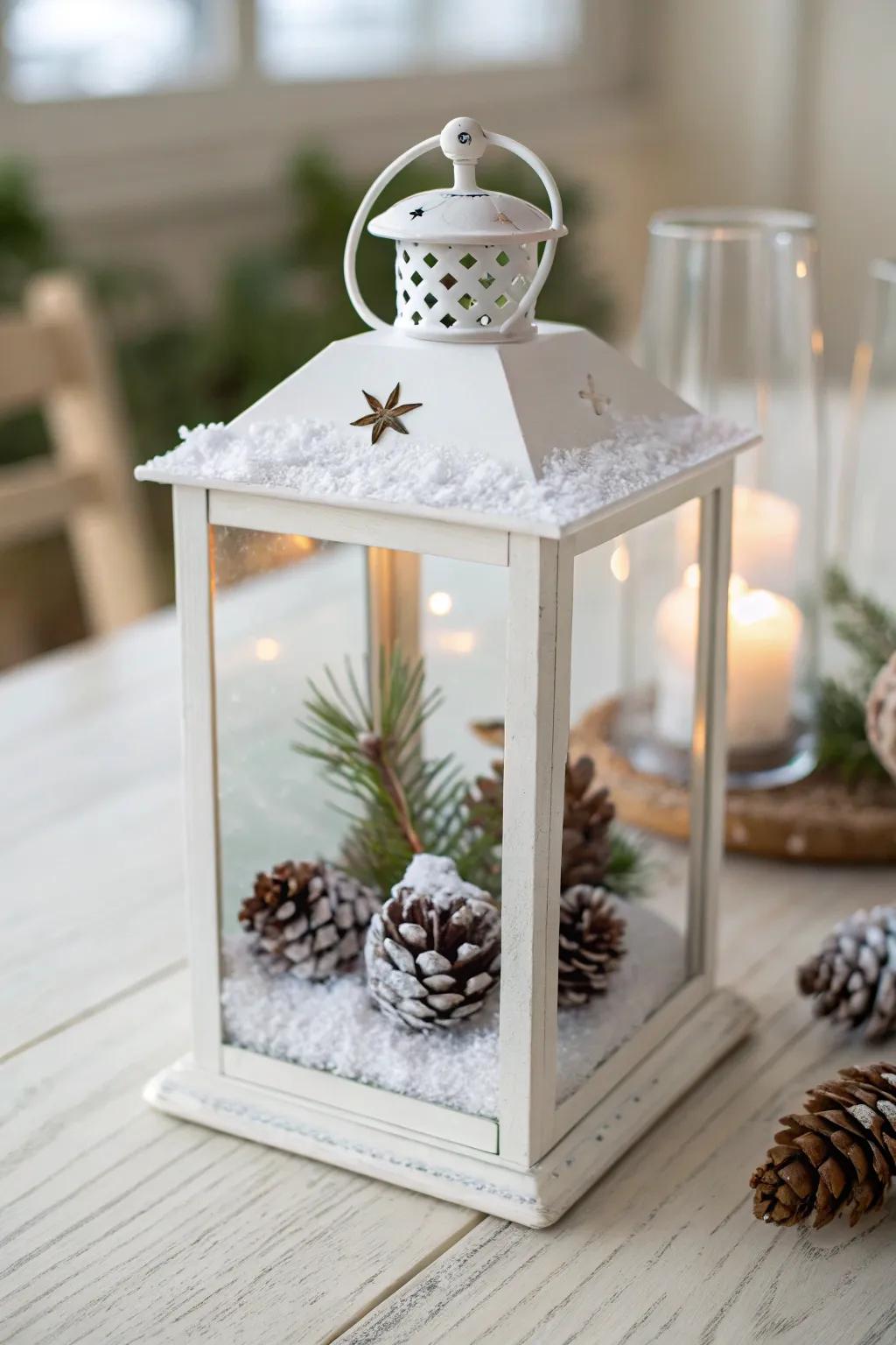 Add rustic warmth with frosted pinecone lantern decor.