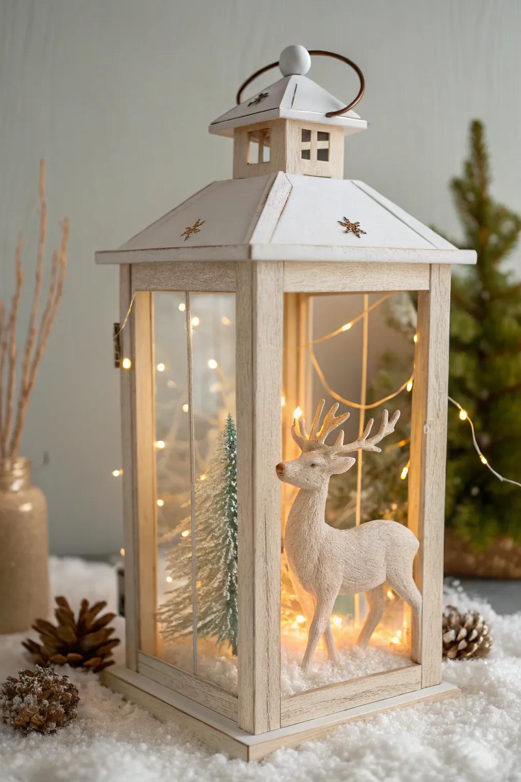Celebrate winter's calm with a minimalist snowy deer lantern.