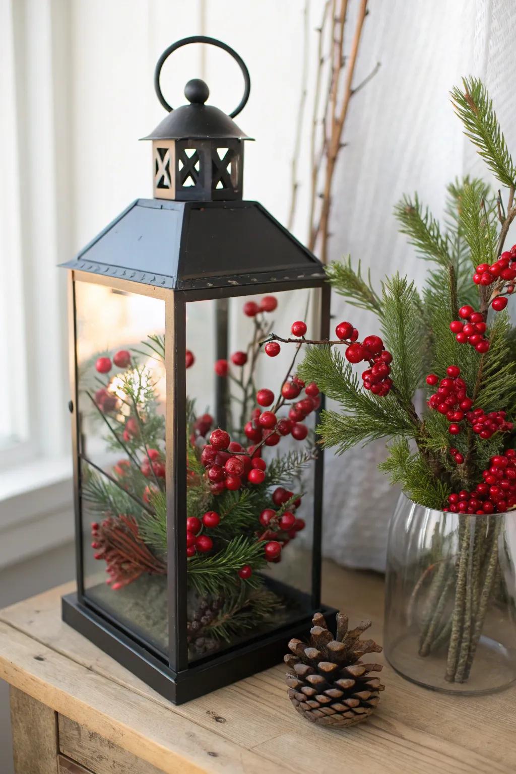 Add festive flair with red berries and greenery in your Christmas lantern.