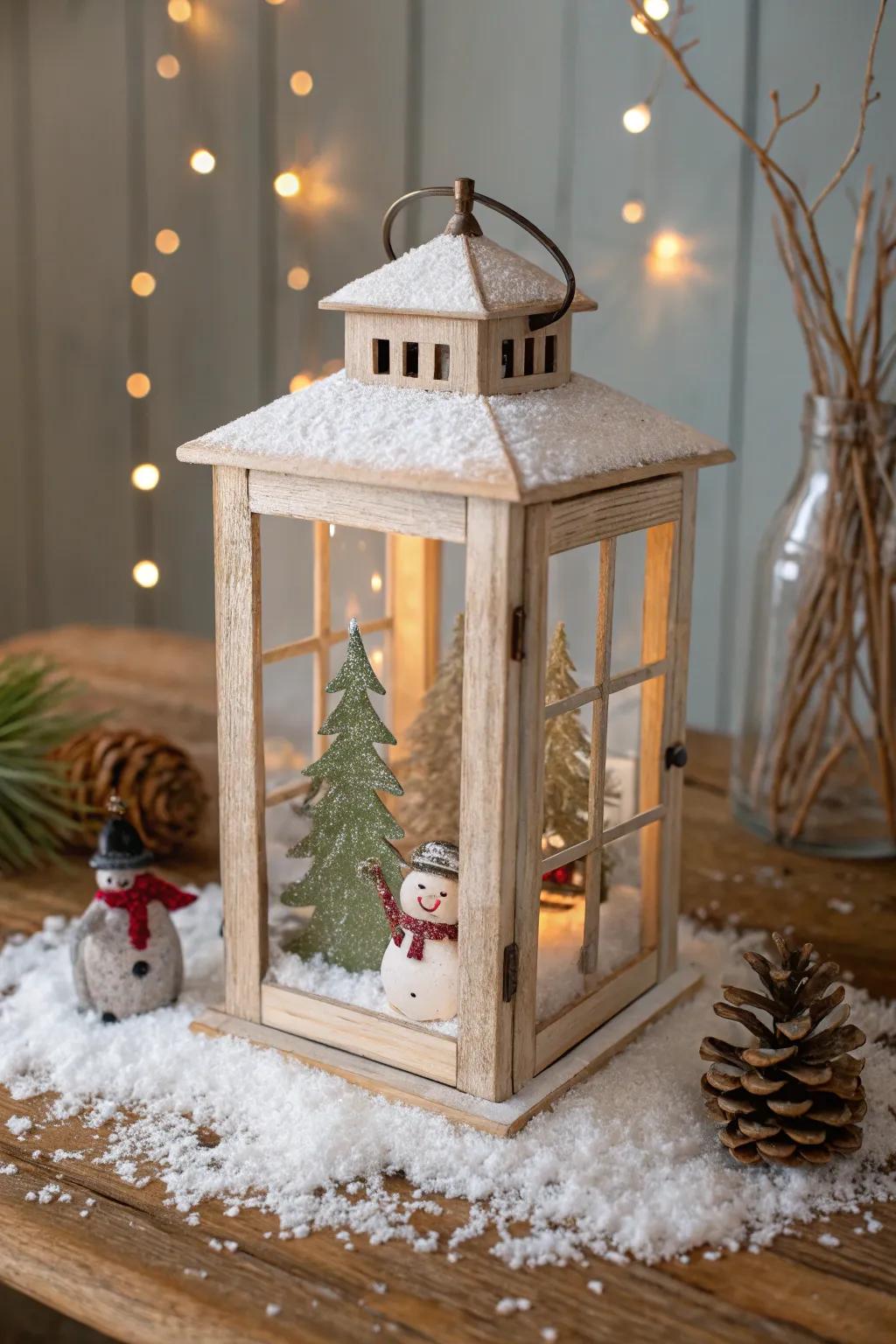 Bring Scandinavian charm with a miniature winter wonderland lantern.