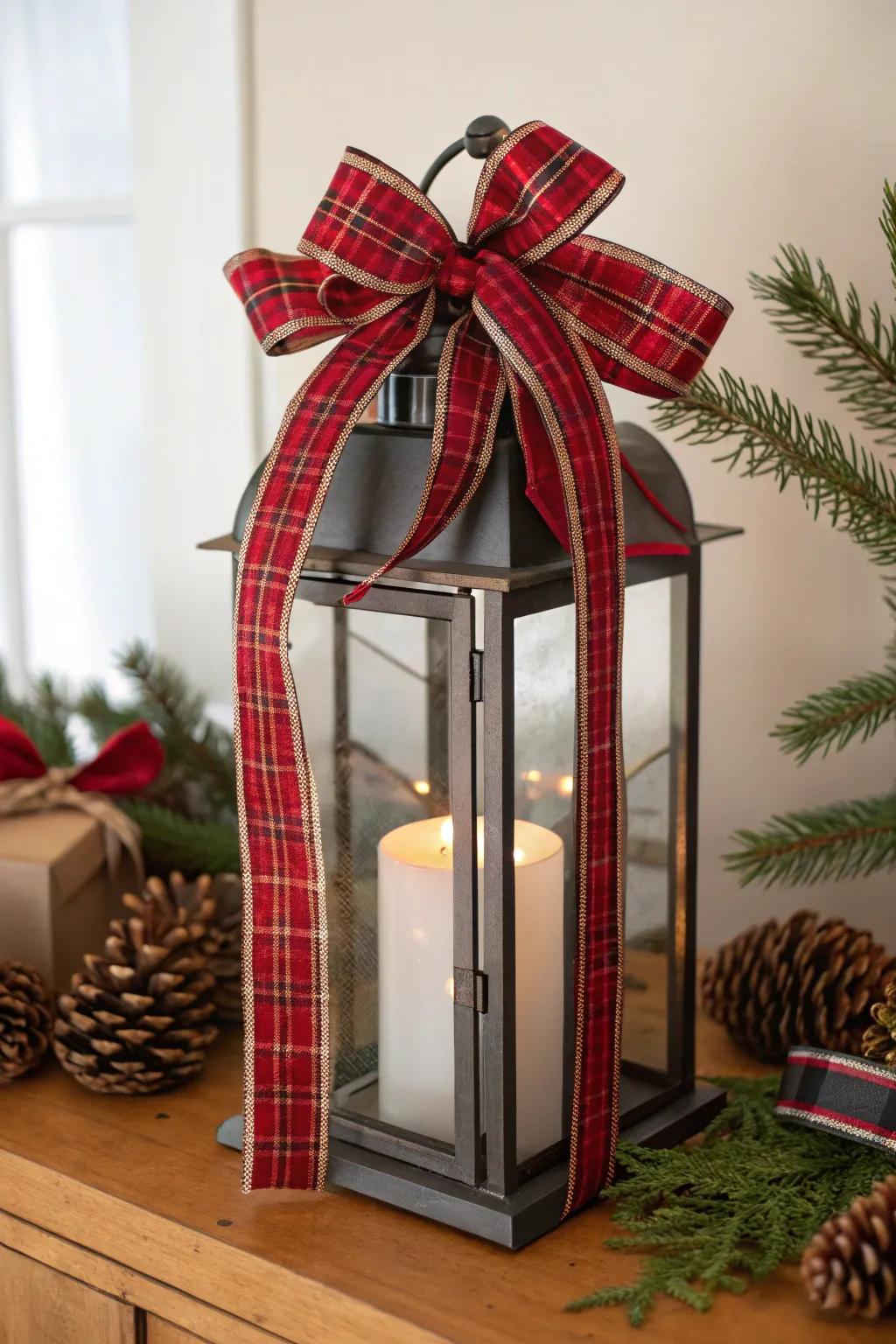Add festive elegance with vibrant ribbons wrapped around your Christmas lanterns.