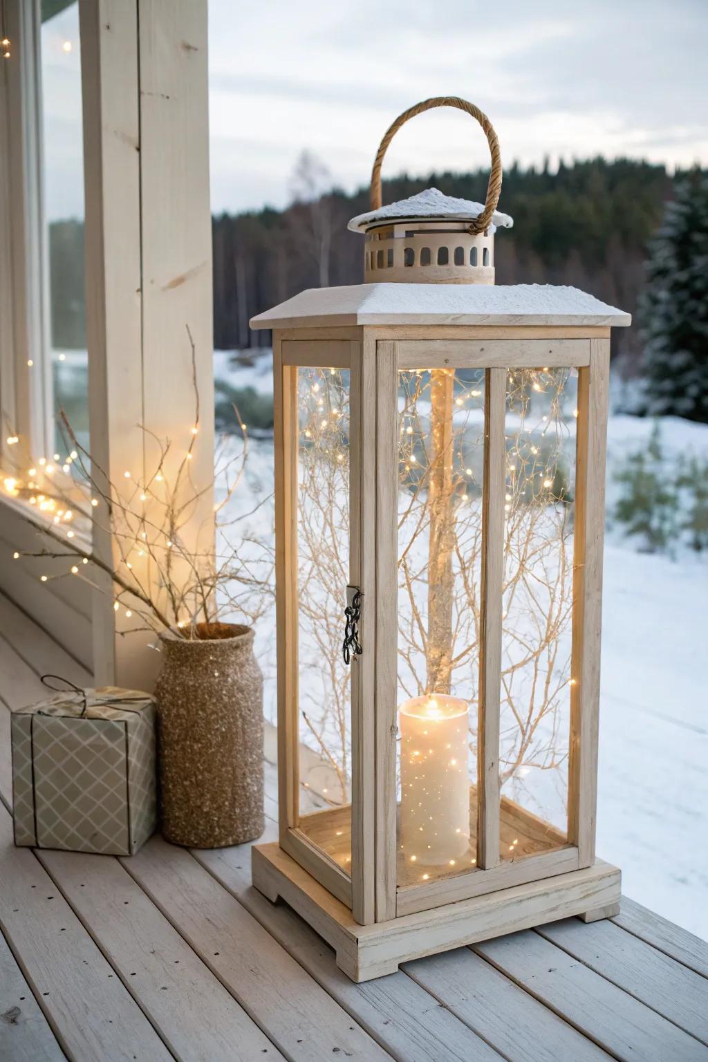 Create a welcoming porch glow with firefly lights in minimalist lanterns.