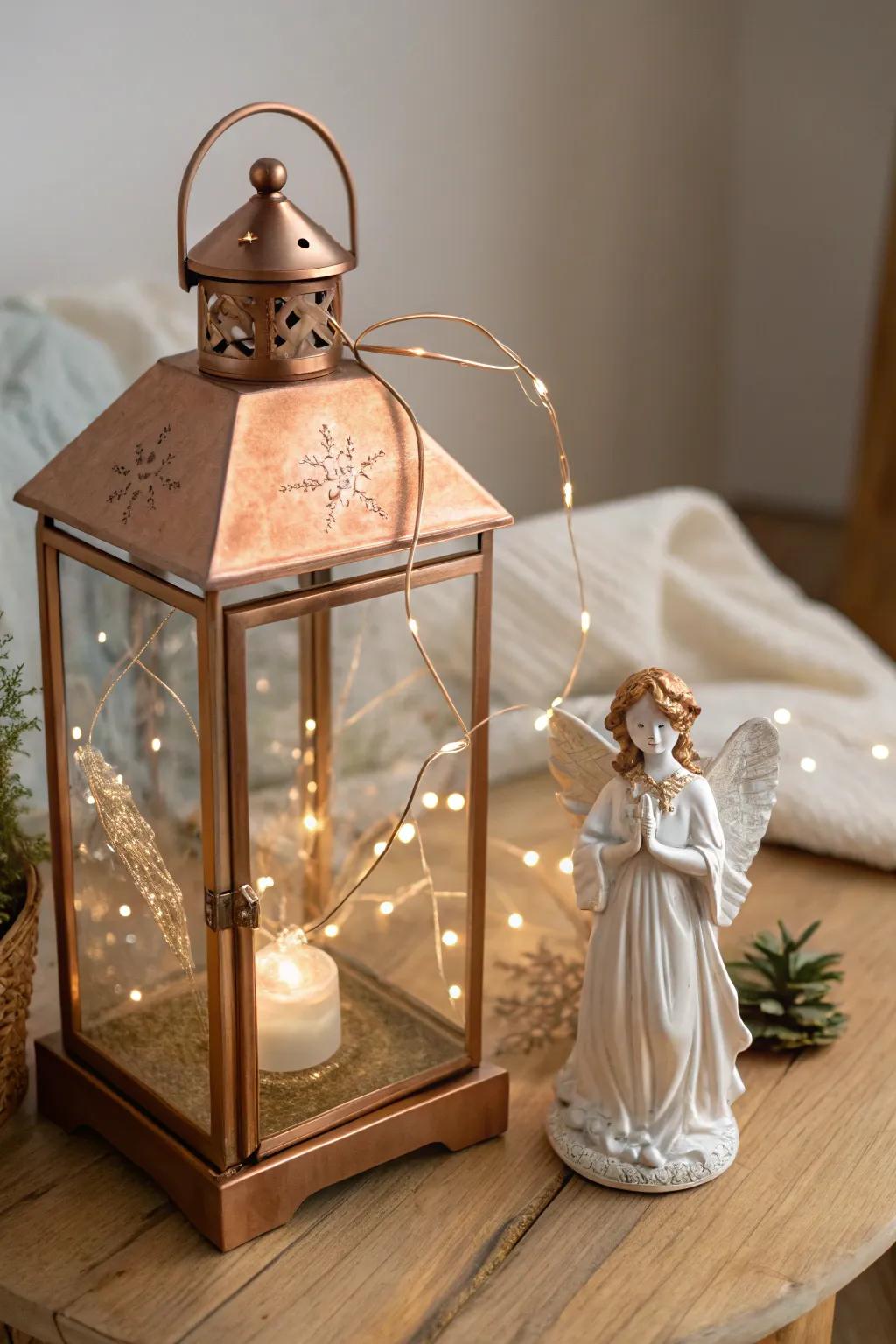 Celebrate the season with a glowing angel display inside a copper lantern.