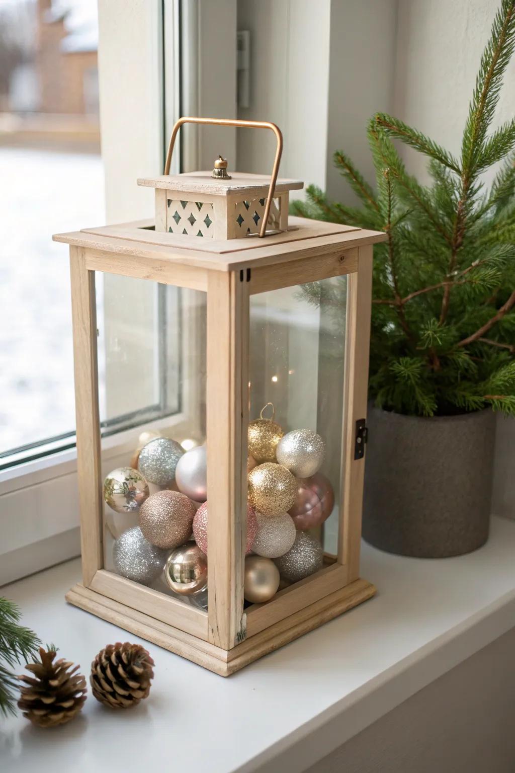 Add Scandinavian-inspired sparkle with baubles inside your lantern.