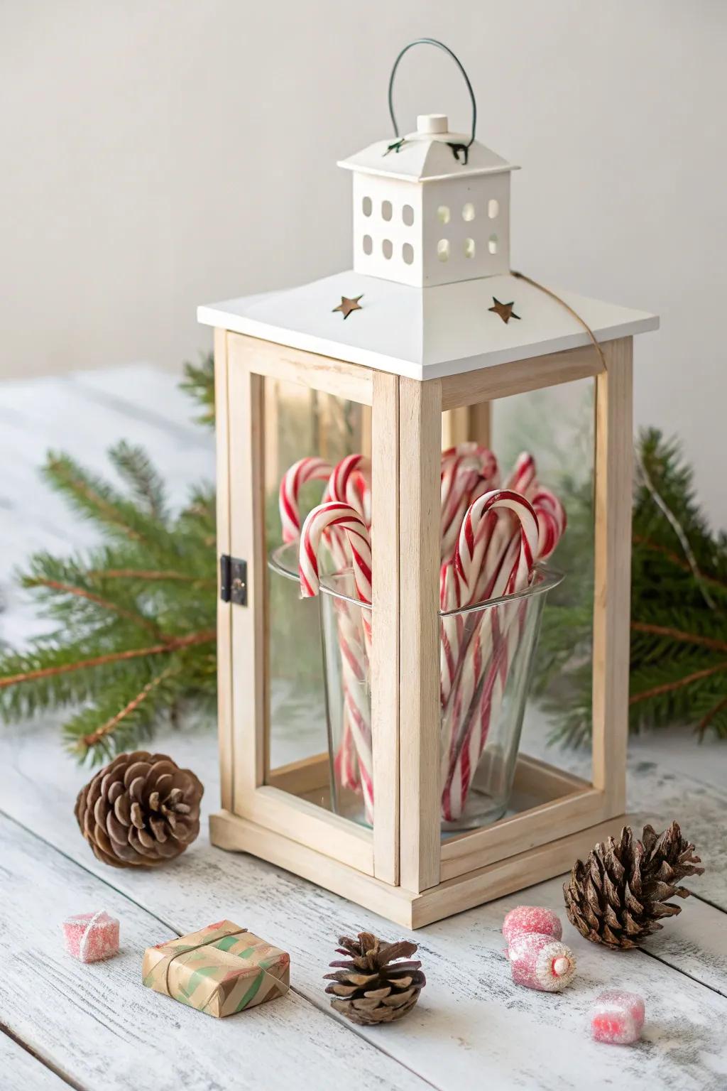 Delight your guests with a candy cane and peppermint filled lantern.