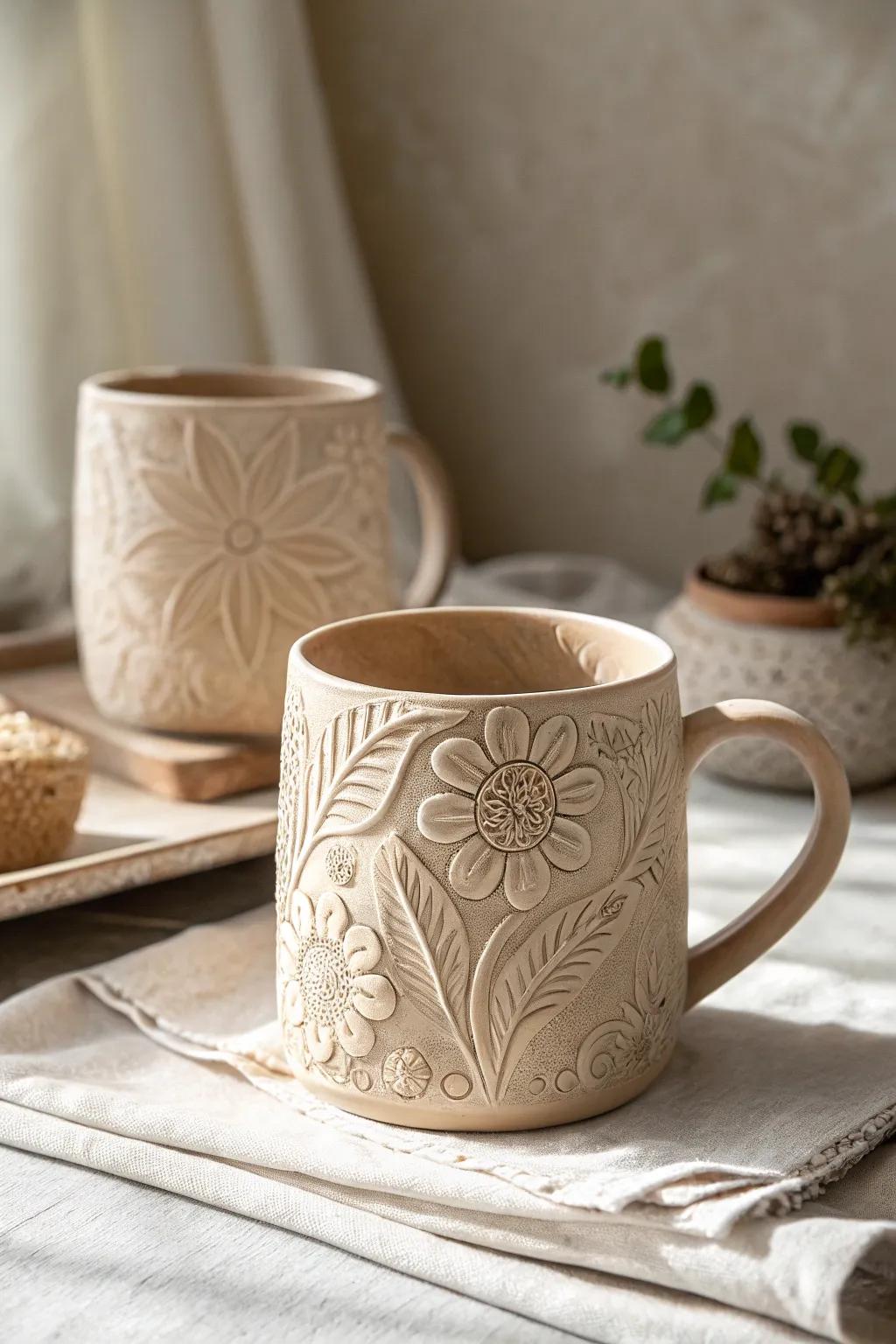 Find tranquility in every sip with a beautifully textured clay mug that invites touch.