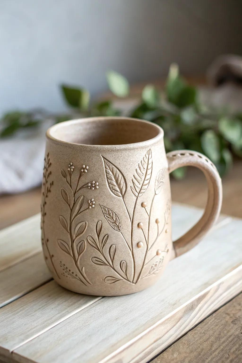 Enjoy a peaceful sip with this nature-inspired clay mug featuring delicate botanical details.